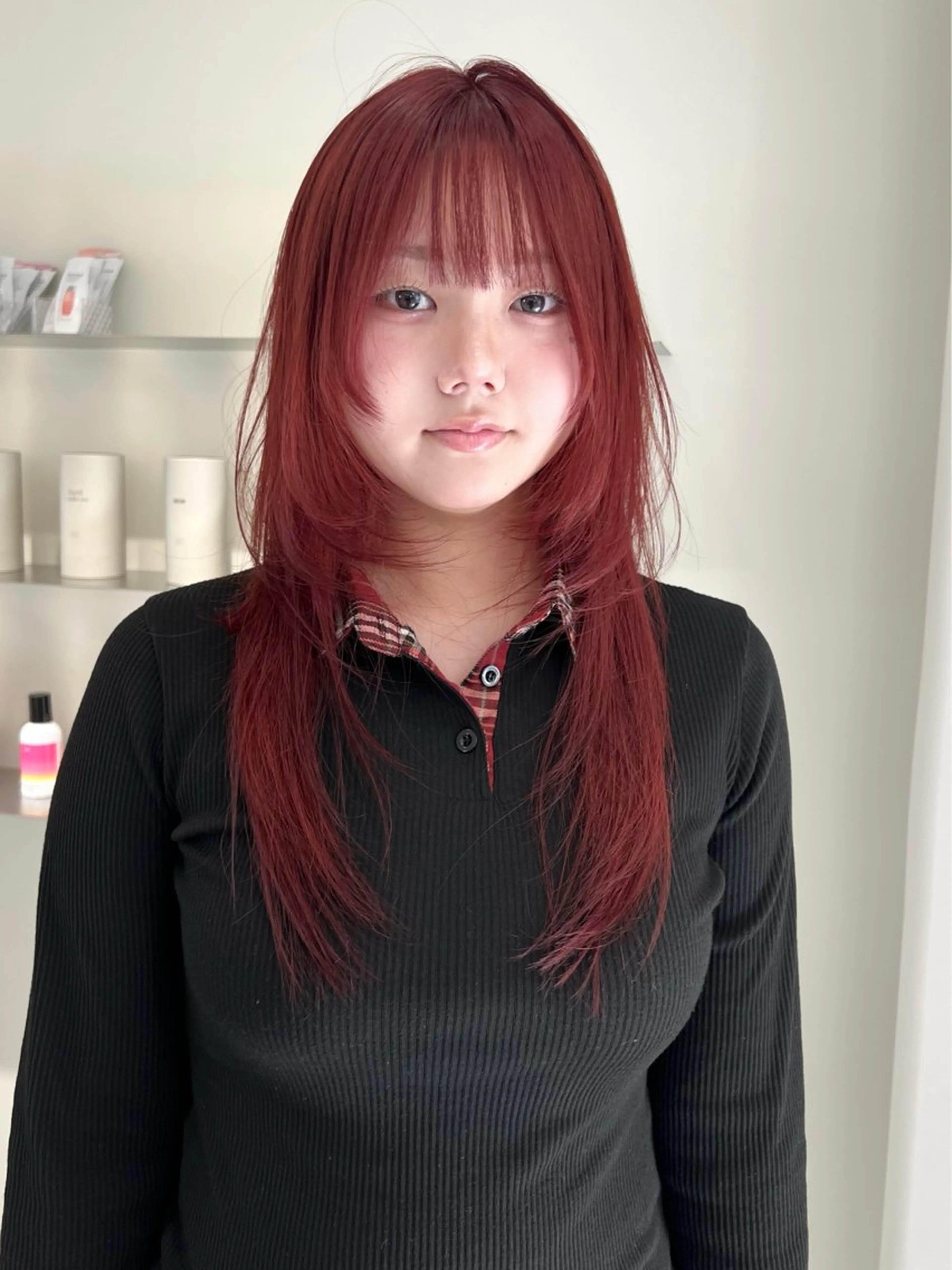 ロング カラー ブリーチ レッドカラー ハッシュカット RIN🪐 ウルフ／ハイトーンのヘアスタイル