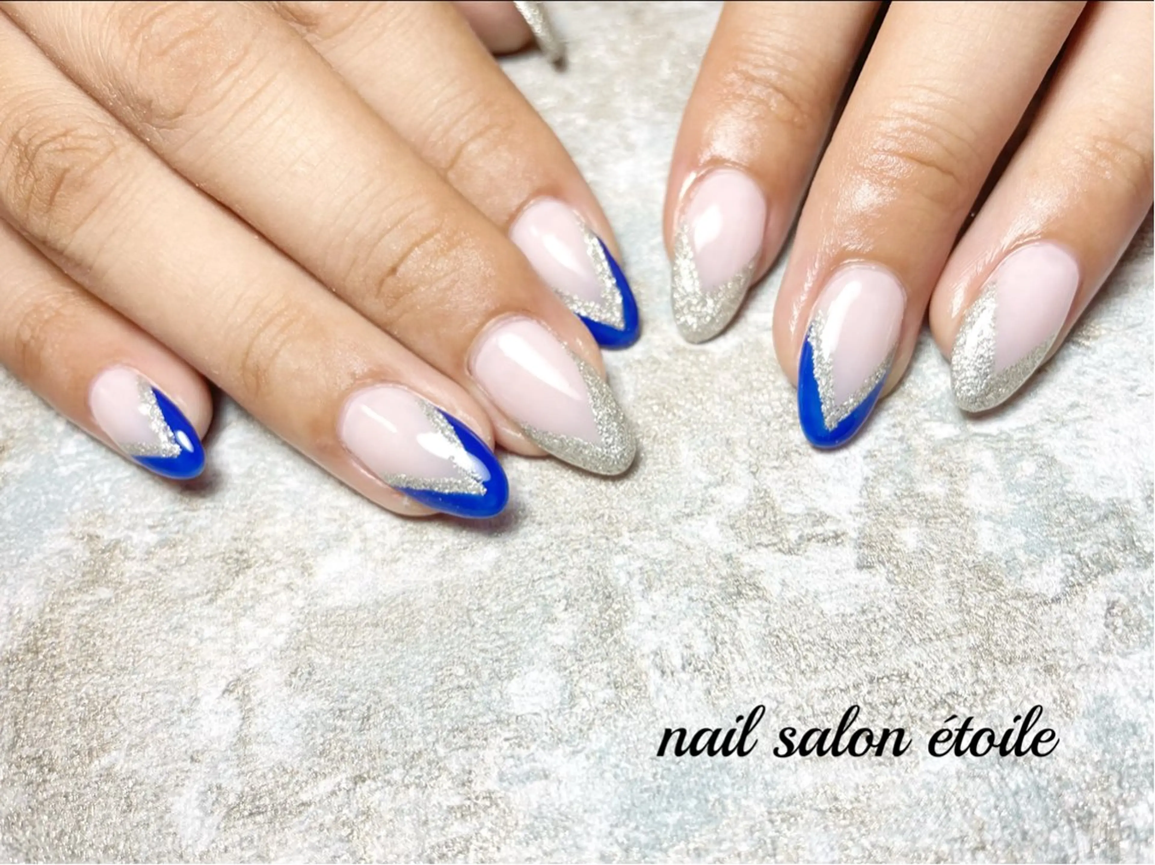ネイル ブルー ダブルフレンチ フレンチネイル ピンク シルバー ハンドネイル nail salon étoileのネイルデザイン