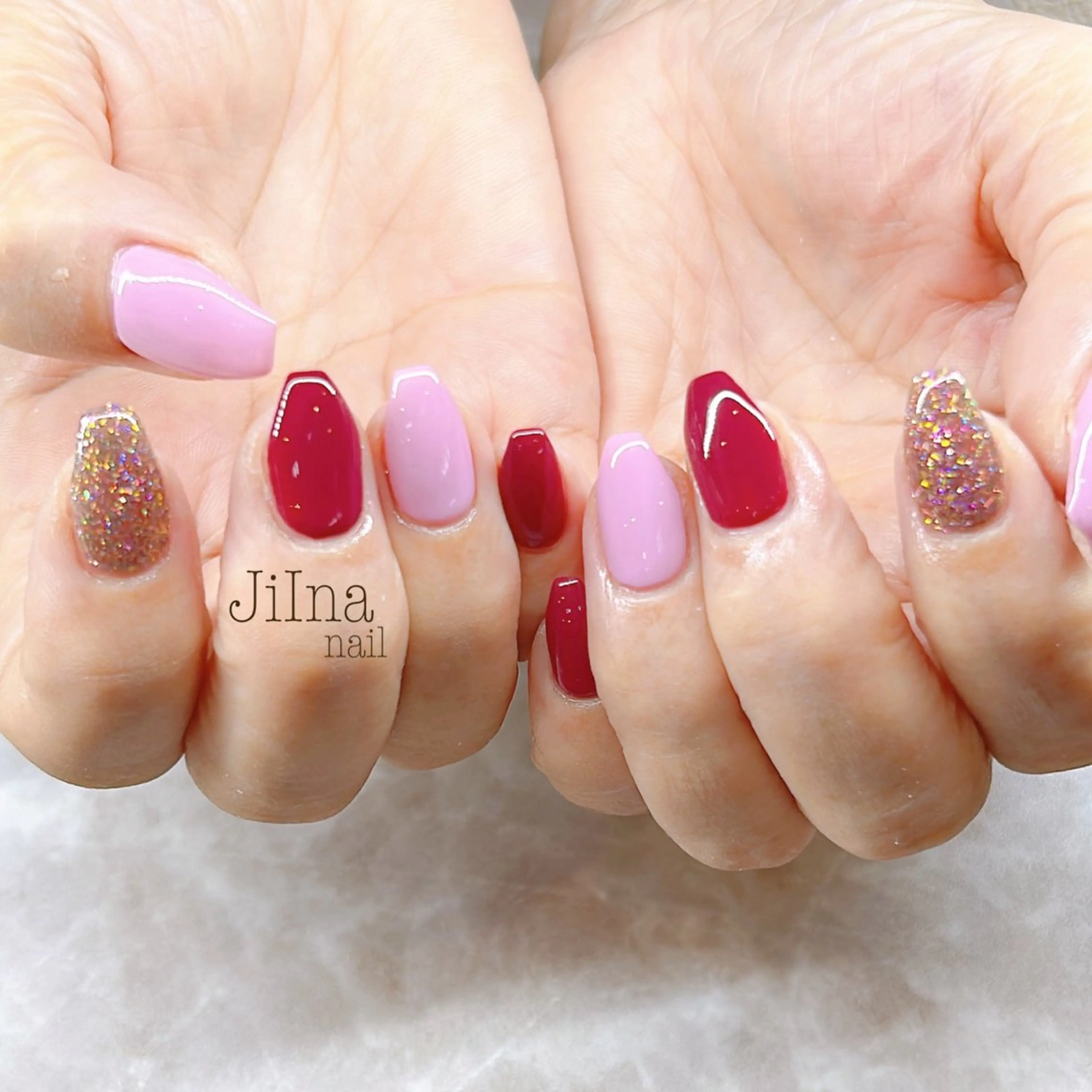 ネイル ボルドー ラメ(グリッター) ワンカラーネイル ピンク JiIna nailのネイルデザイン