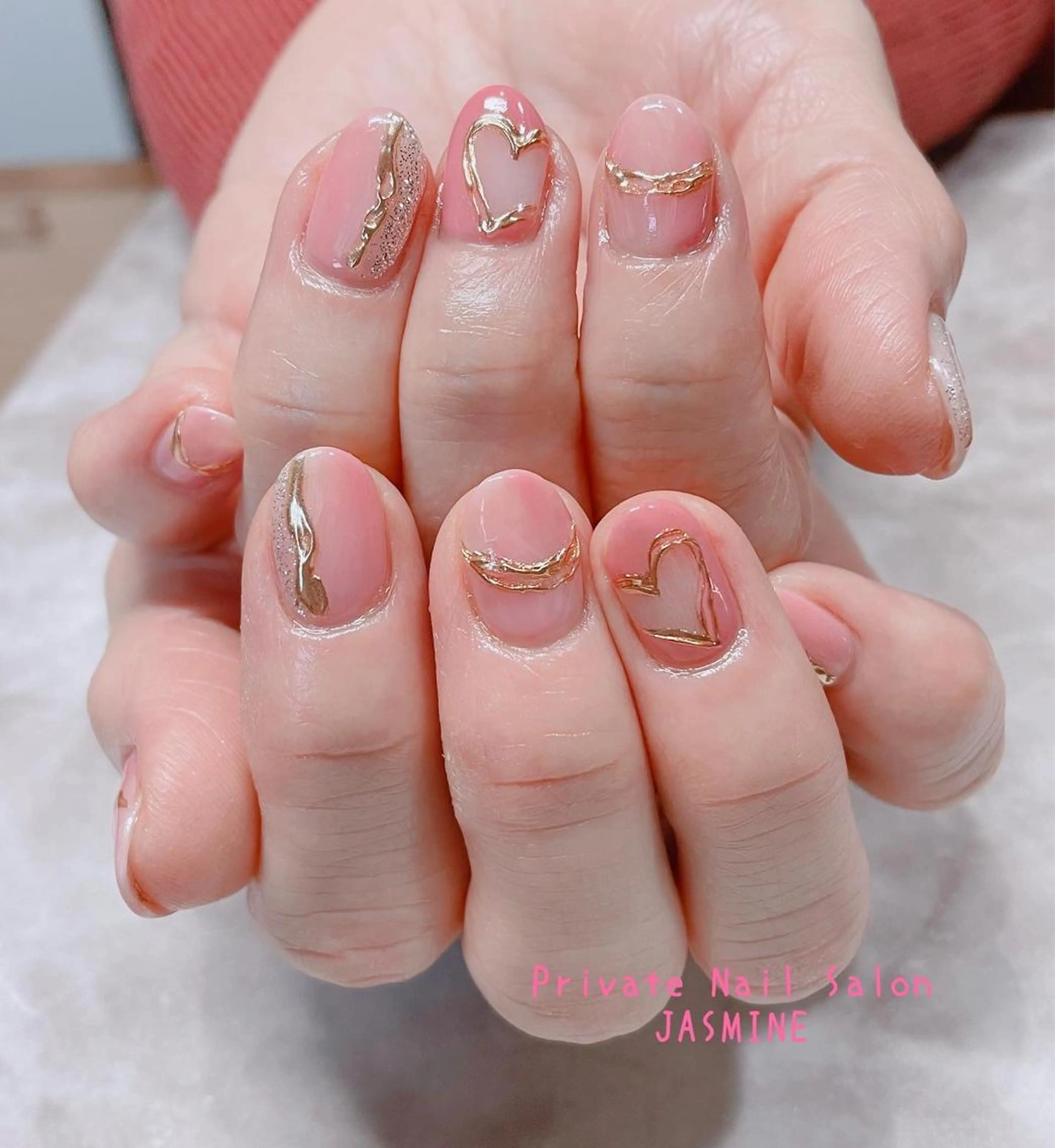ネイル アートネイル ハート ミラーネイル ピンク Nail salon JASMINEのネイルデザイン