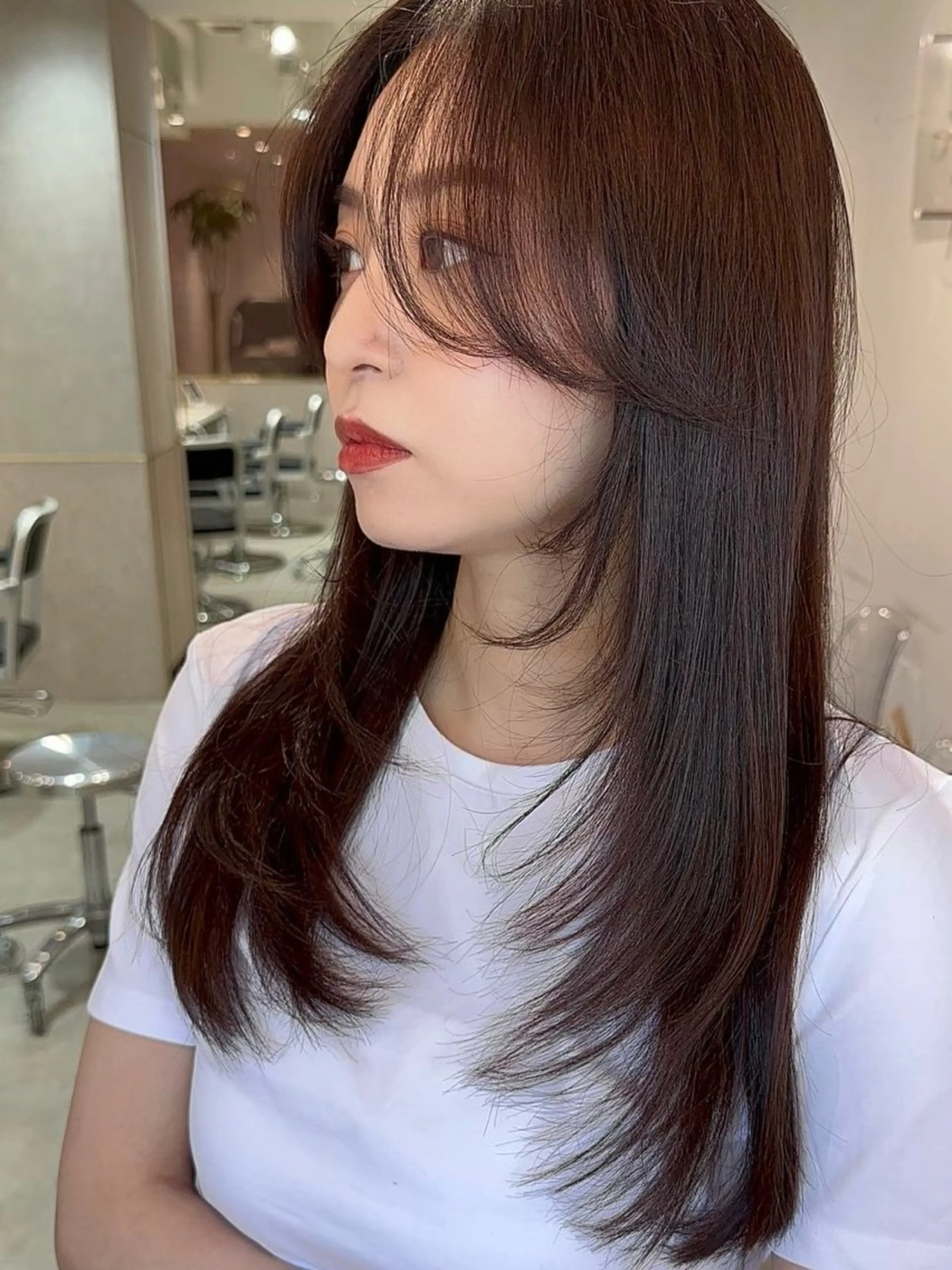 セミロング 顔まわりレイヤー 顔周りカット 韓国風ヘア レイヤーカット ボブ/レイヤーボブ/ 髪質改善/梶川 夏季のヘアスタイル