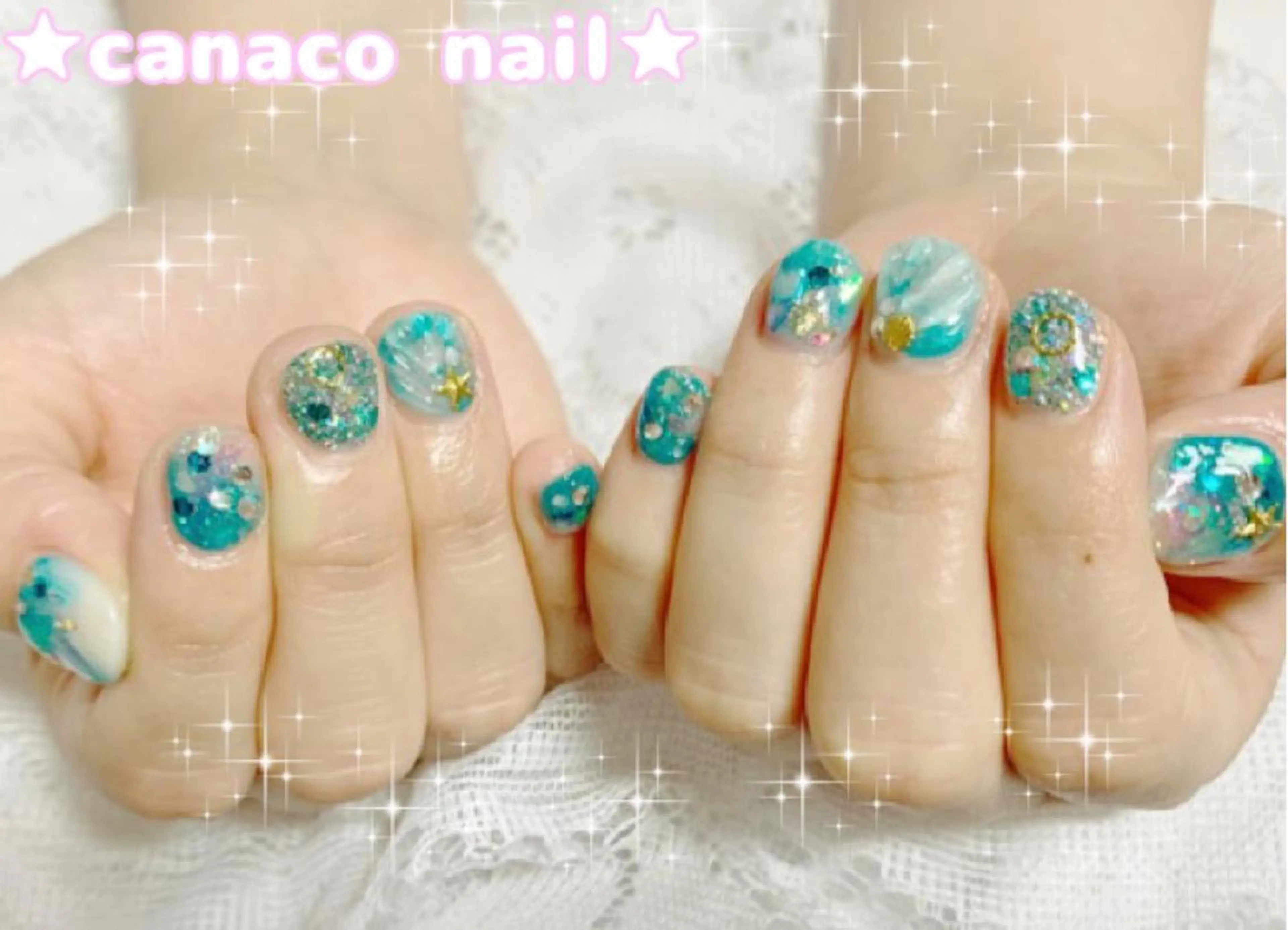ネイル アートネイル クリアネイル グリーン キラキラネイル ラメ(グリッター) ハンドネイル ハンドケア ベテランネイル cnc nailのネイルデザイン
