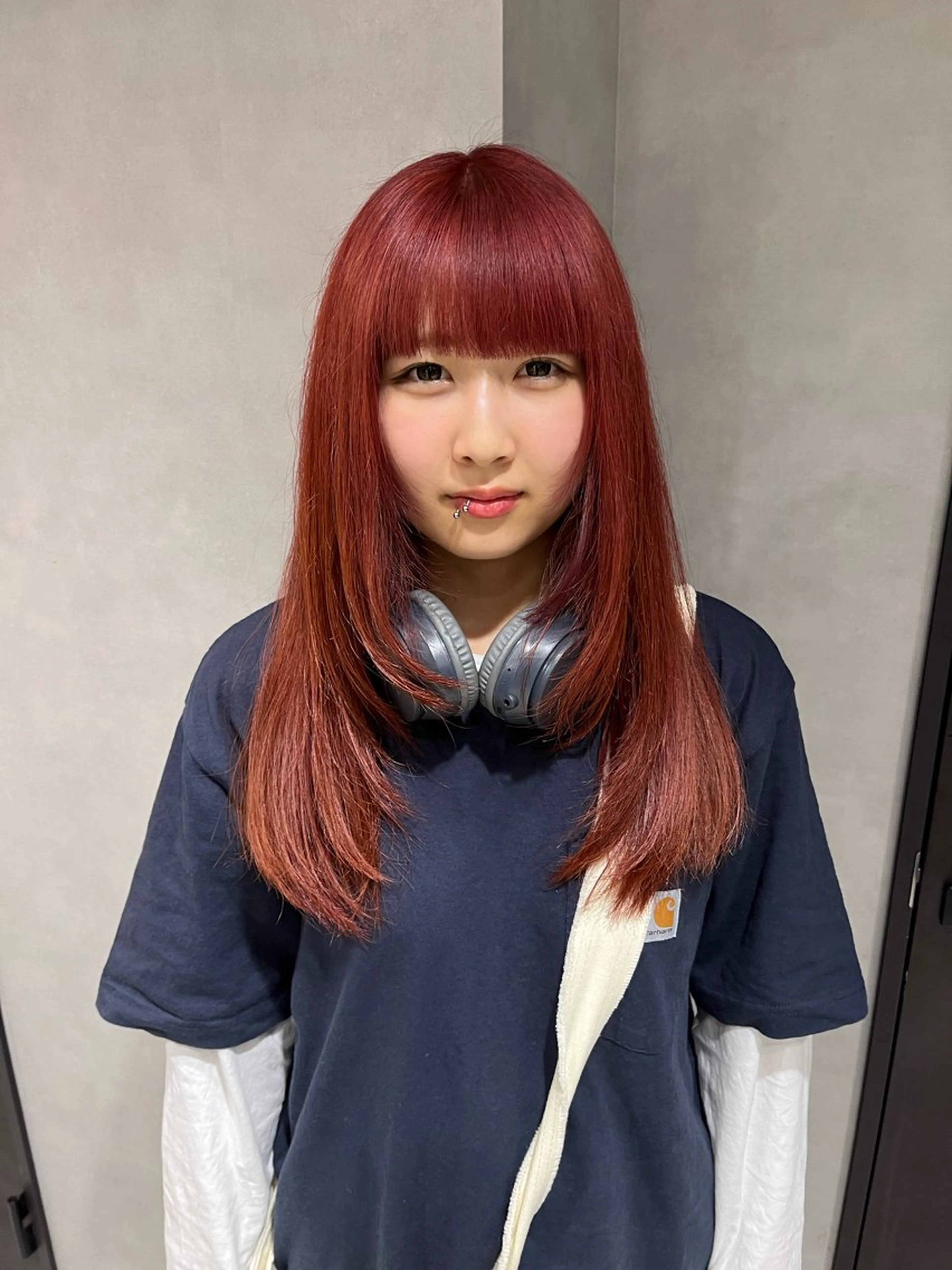 セミロング カラー ブリーチ レッドカラー ハイレイヤー レイヤーカット ブリーチ/縮毛矯正 ❤️‍🔥シンノスケのヘアスタイル