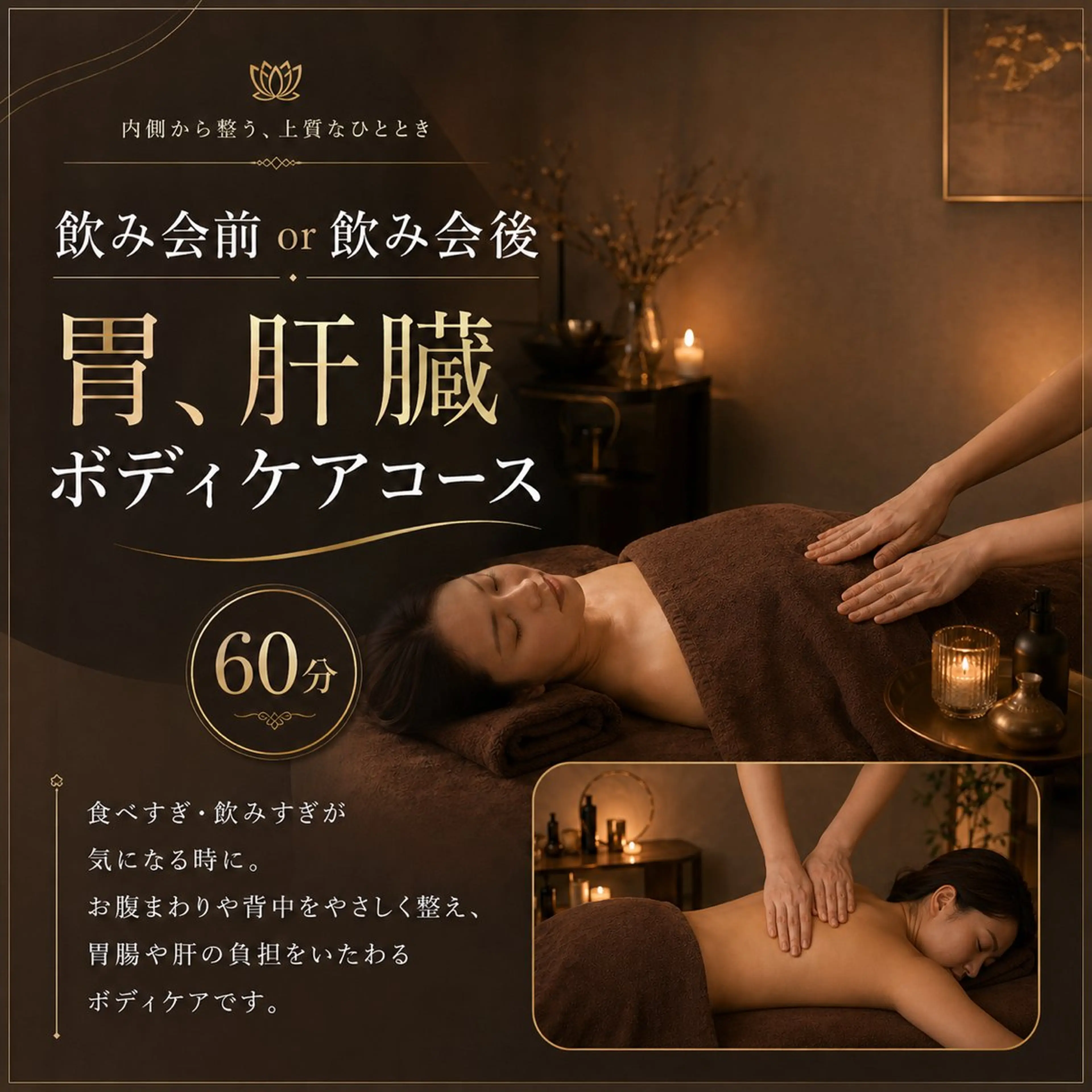 飲み会前or飲み会後　胃、肝臓ボディケアコース　60分の写真