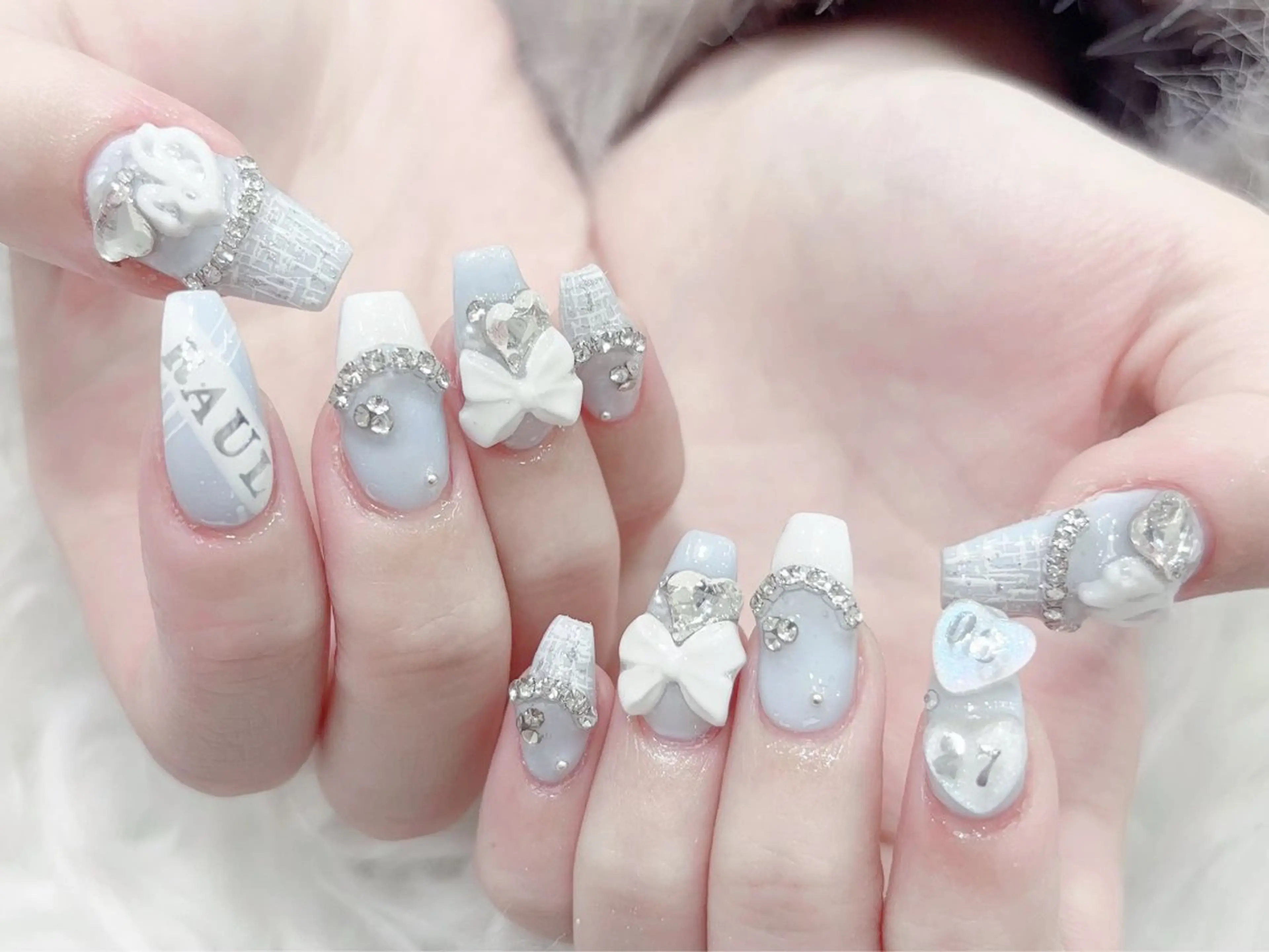 ネイル 成人式 大理石ネイル(マーブル) リボン 夏ネイル ネイルチップ ハンドネイル MoMoA Nail ネイル長さ出し専門店のネイルデザイン