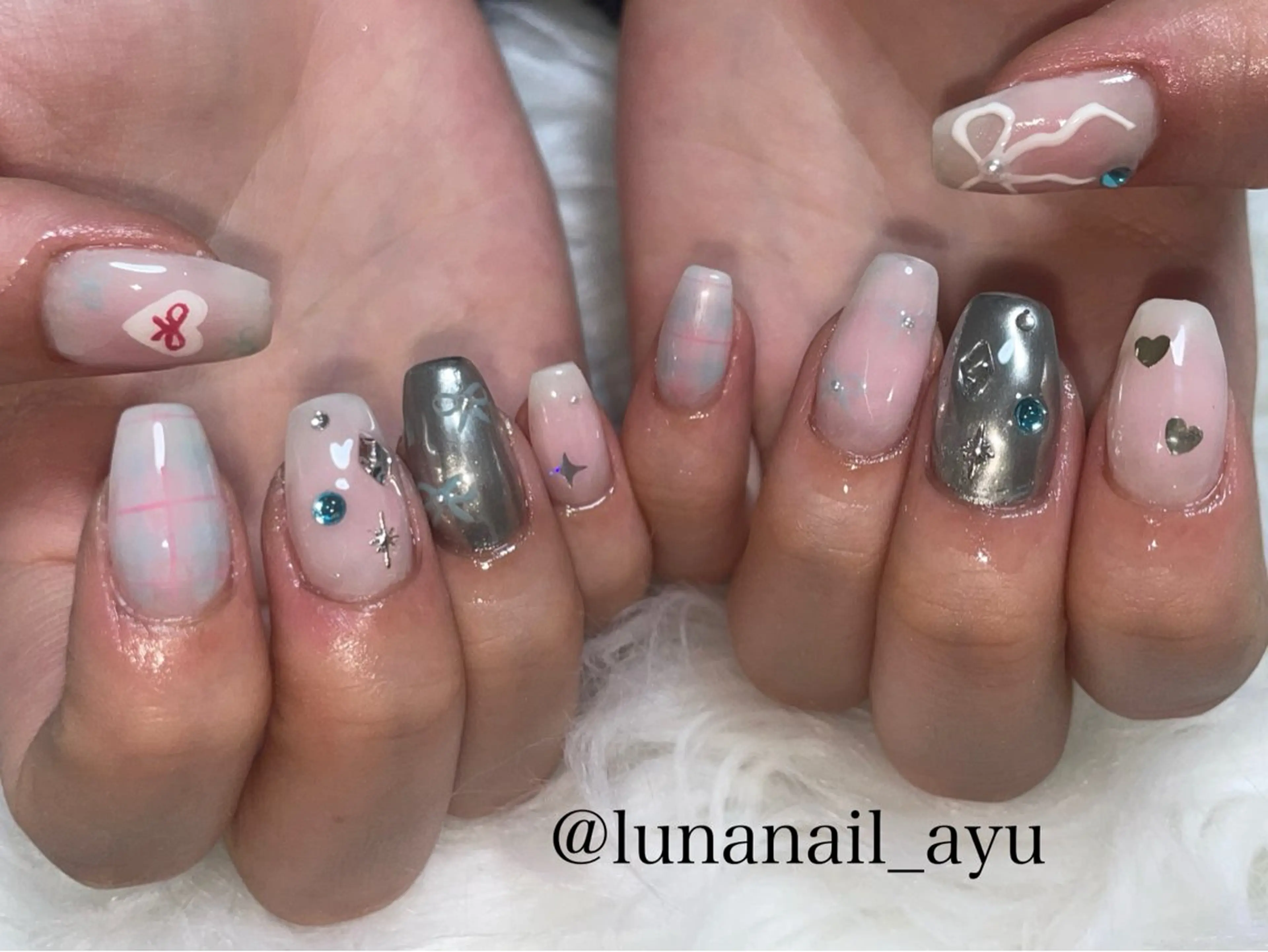 ネイル チークネイル リボン 春ネイル ハンドネイル LUNA NAIL ayuのネイルデザイン