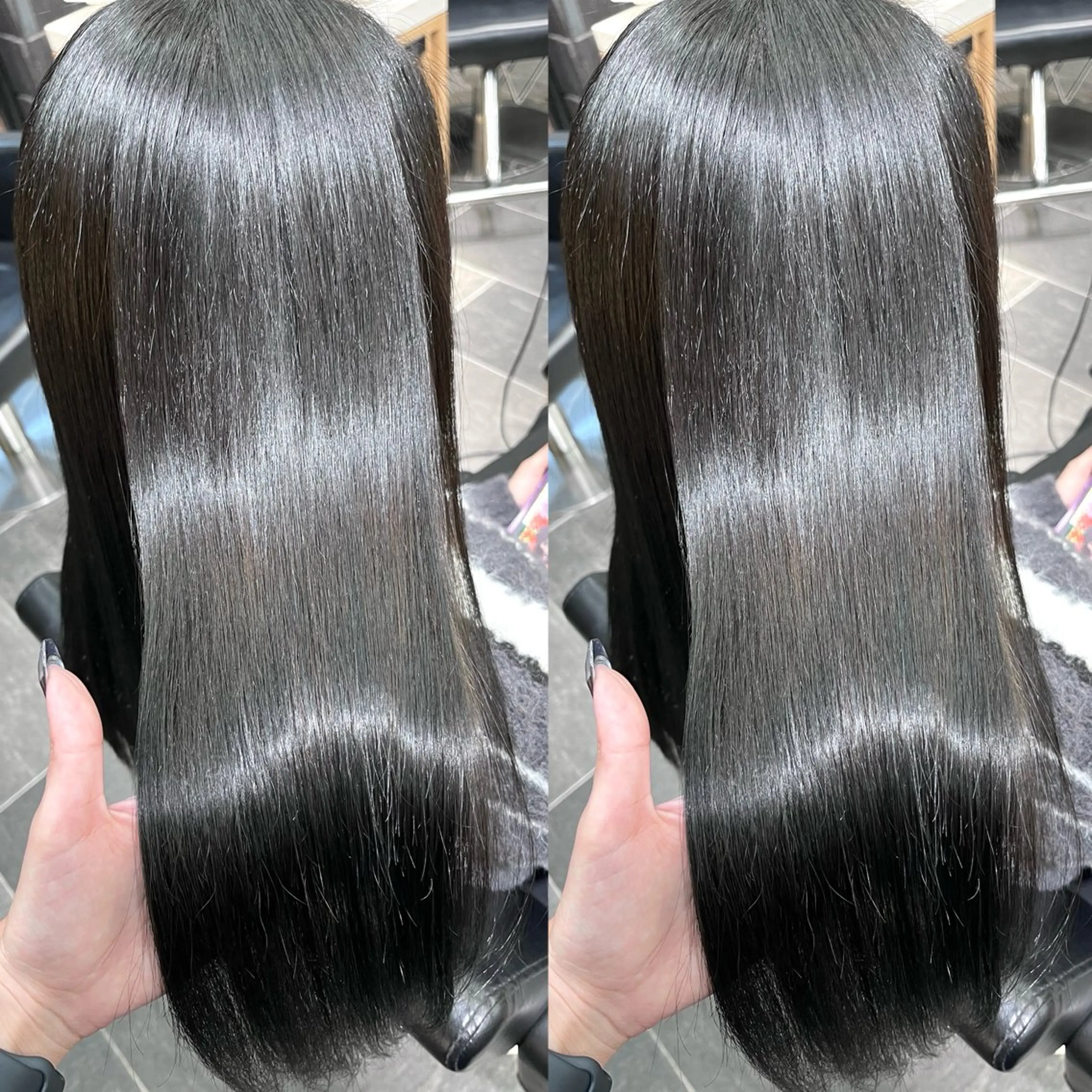 ロング カラー 黒髪 ブルーカラー ブルーブラック イルミナカラー 縮毛矯正 ヘアカラー トリートメント LATTE所属・𝑺𝒂𝒌𝒊 🩶マンツーマン施術のヘアスタイル