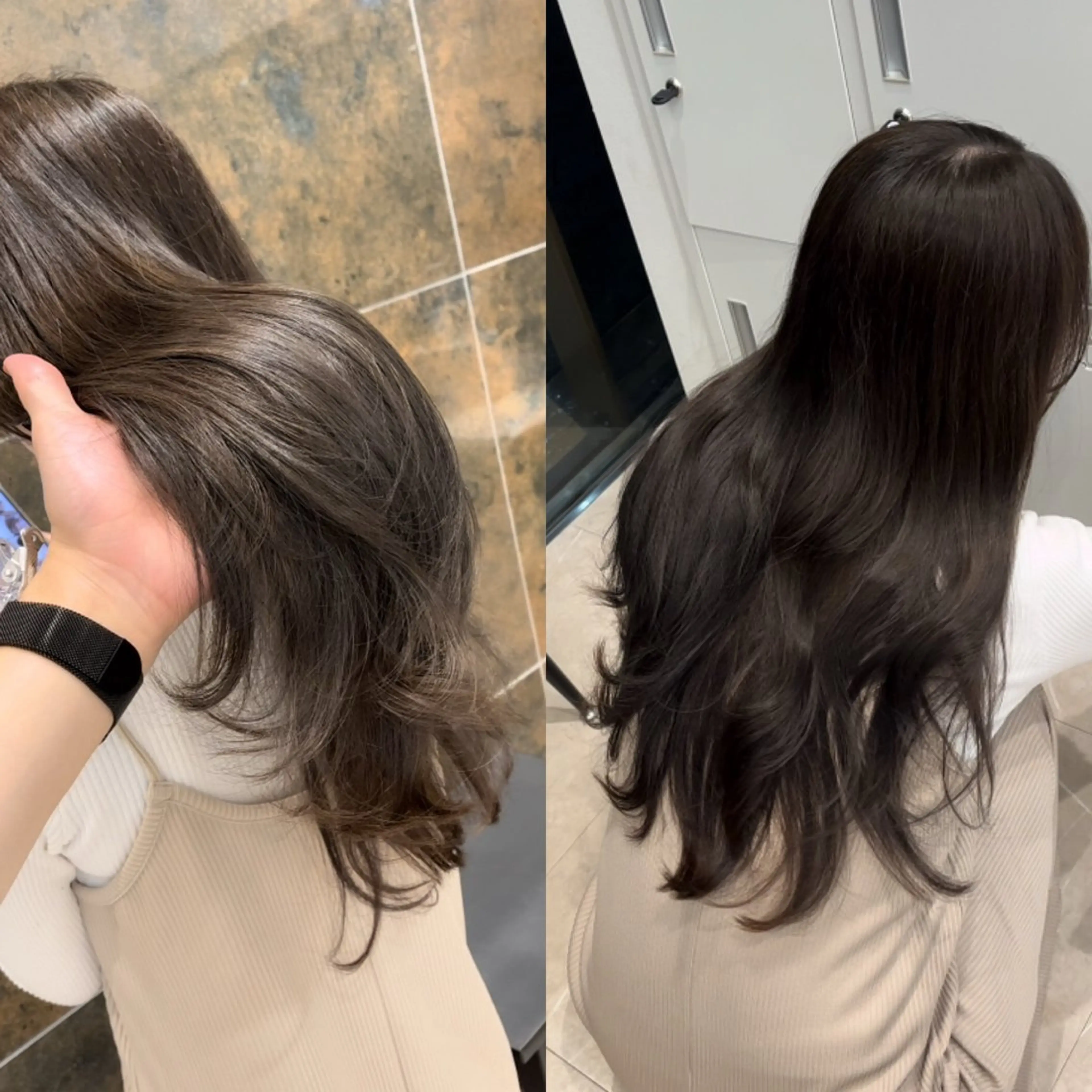 ロング カラー ブリーチ ブルーカラー 透明感カラー グレージュ ブリーチなしカラー ミタニ/髪質改善 /レイヤーカットのヘアスタイル