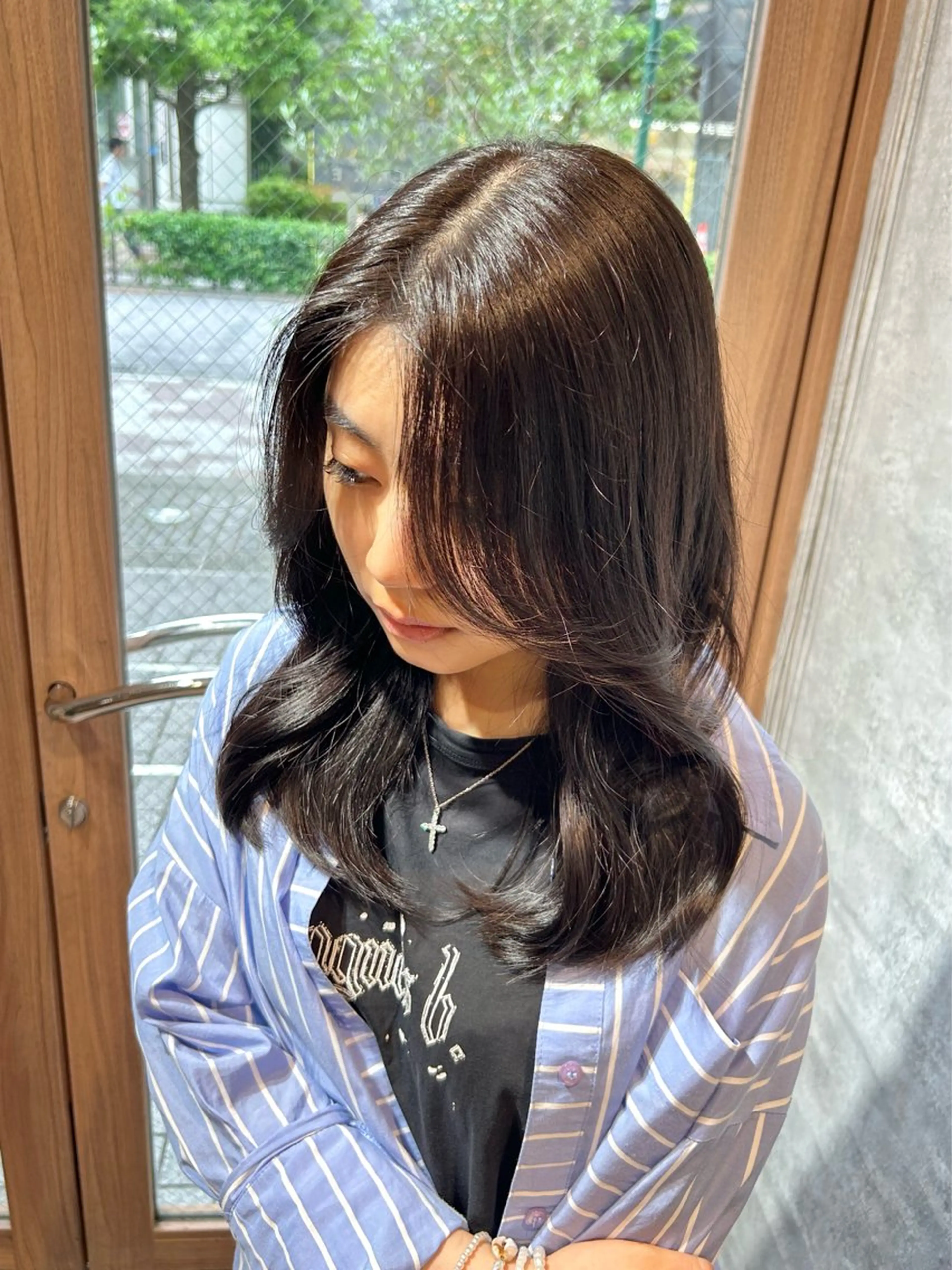 セミロング カラー 黒髪 透明感カラー オリーブカラー ヘアカラー レイヤー/nail COCOROのヘアスタイル