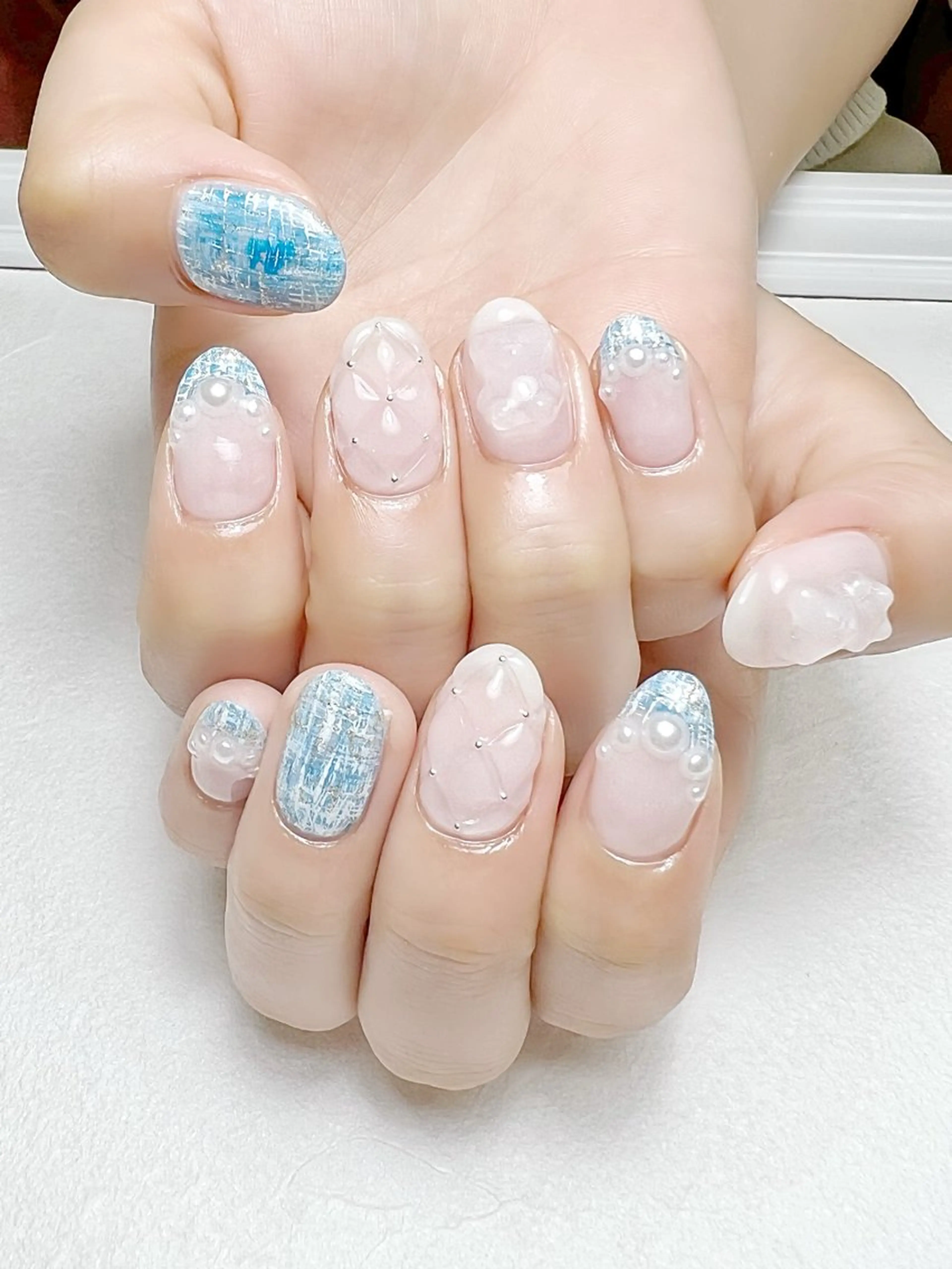 ネイル ブルー ガーリー キラキラネイル 韓国ネイル ツイードネイル rouse nail RISATOのネイルデザイン