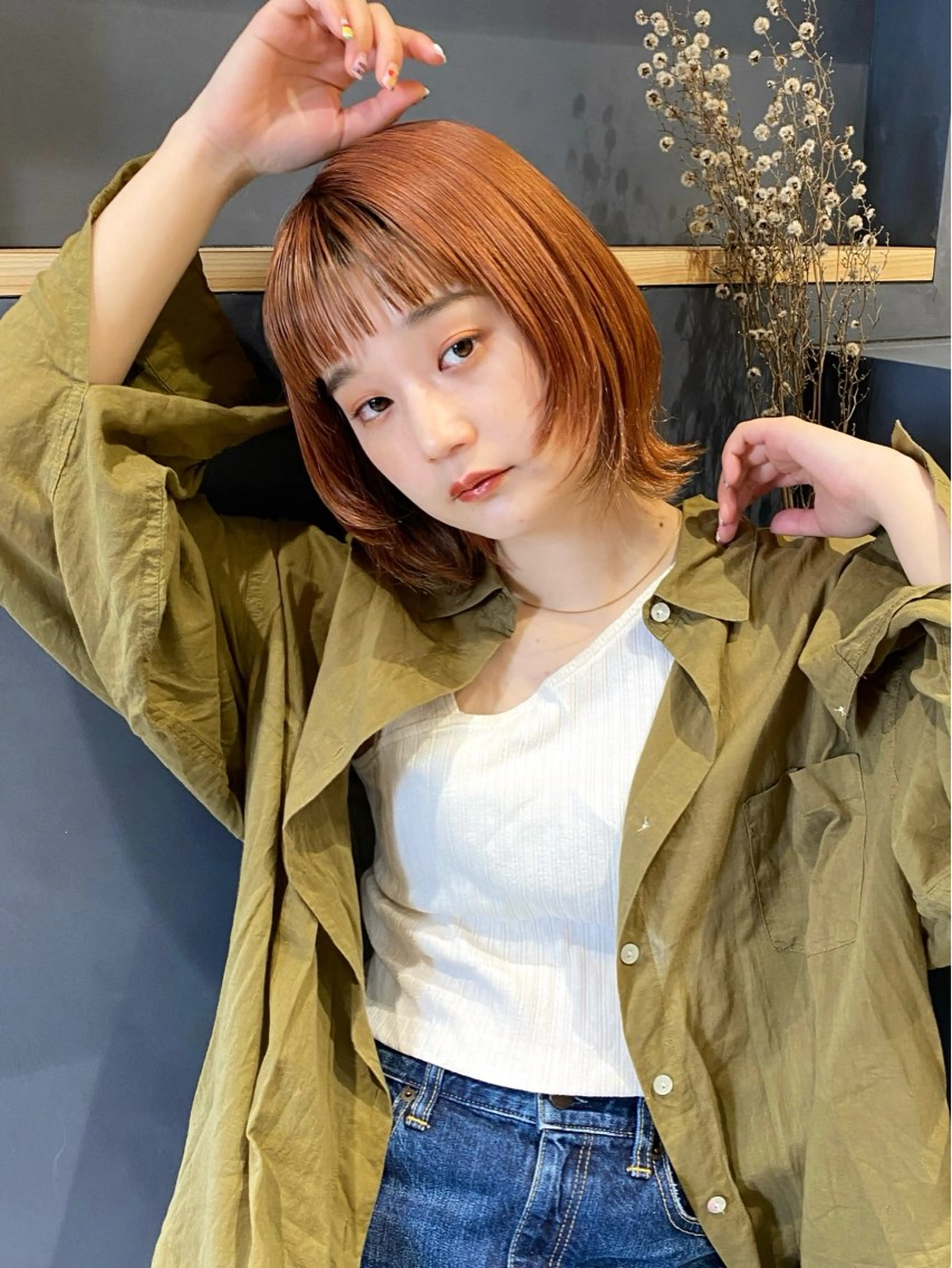 ミディアム カラー ベージュカラー ブラウンカラー オレンジ オレンジベージュ オレンジブラウン ヘアカラー トリートメント saki🌼ボブ× 透明感カラー🌼のヘアスタイル