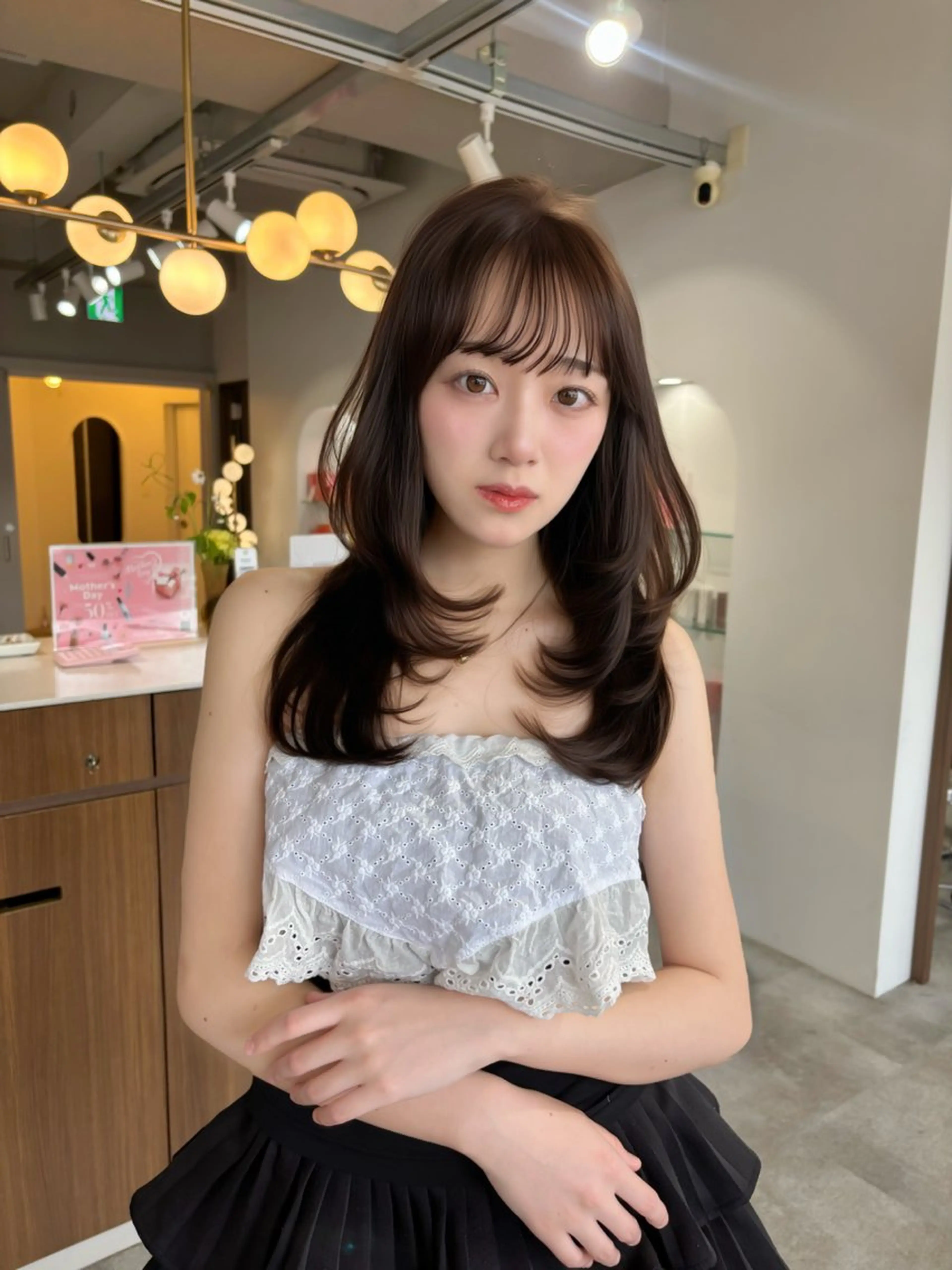 セミロング カラー ブリーチ ブリーチなしカラー 顔周りカット 韓国風ヘア レイヤーカット 藤野 結衣のヘアスタイル