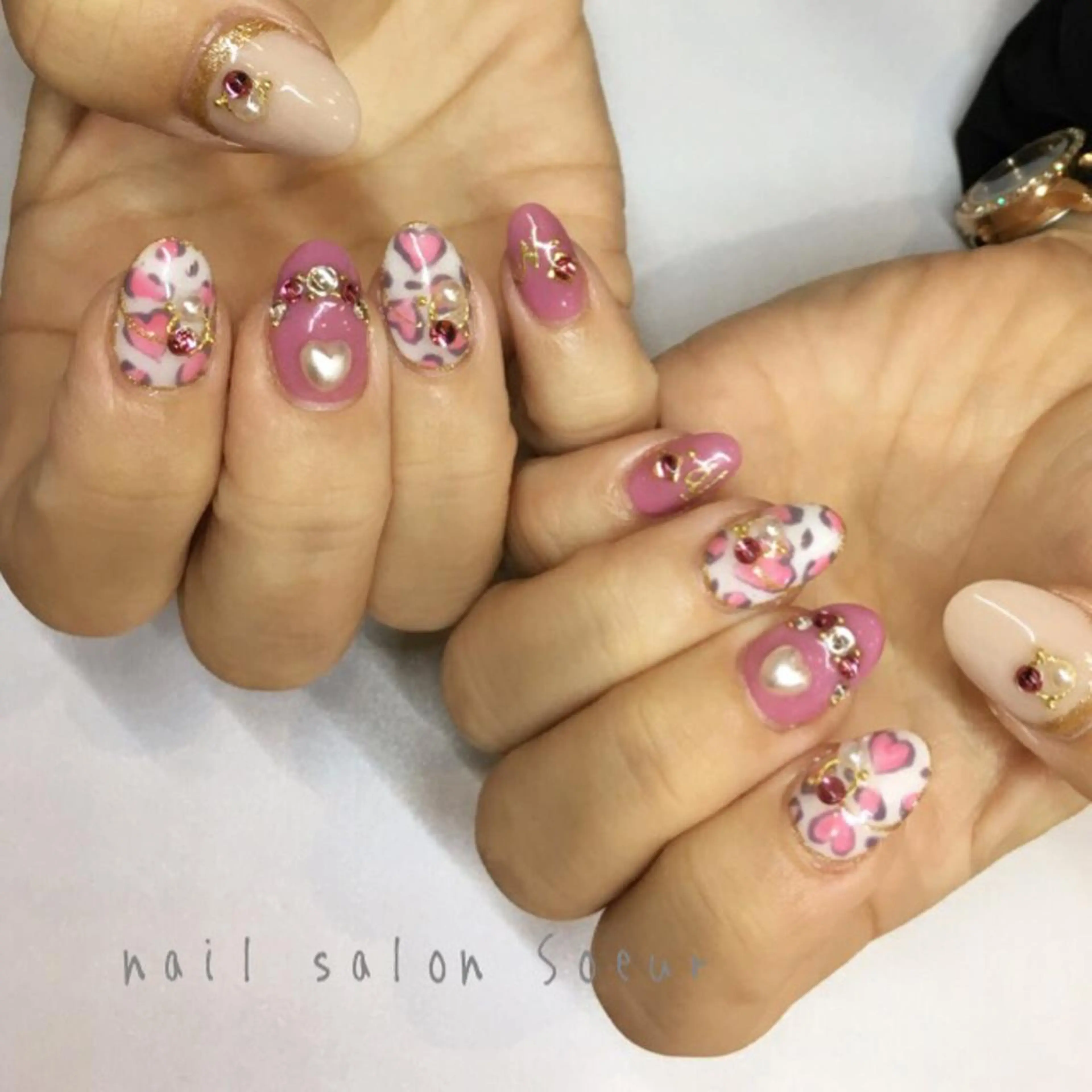 ネイル 長さ出し ハート 持ち込み ピンク スカルプネイル ハンドネイル nail salon Soeurのネイルデザイン