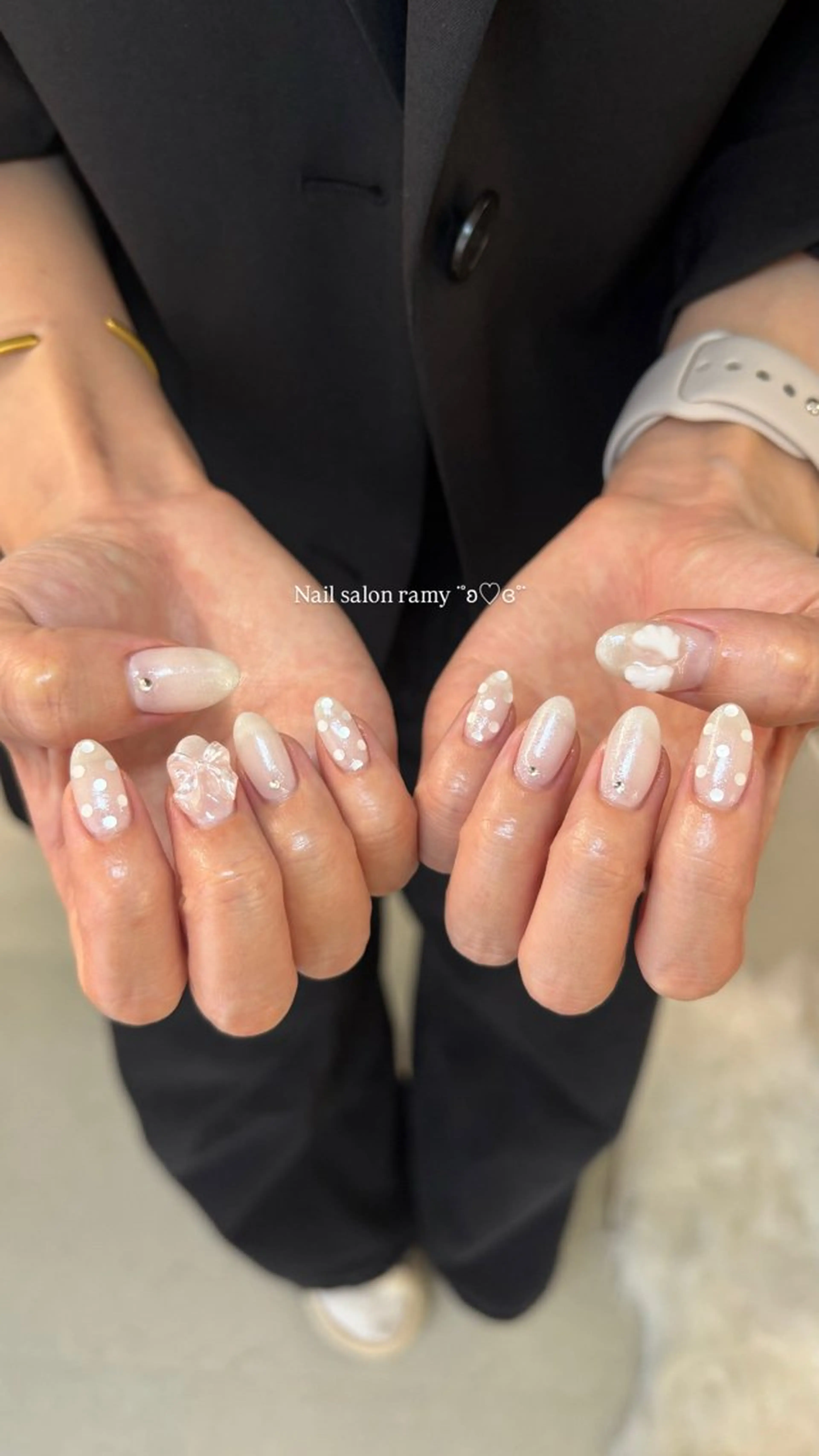 ネイル リボン ストーンネイル ハンドネイル Nail salon ramyのマツエク・マツパデザイン