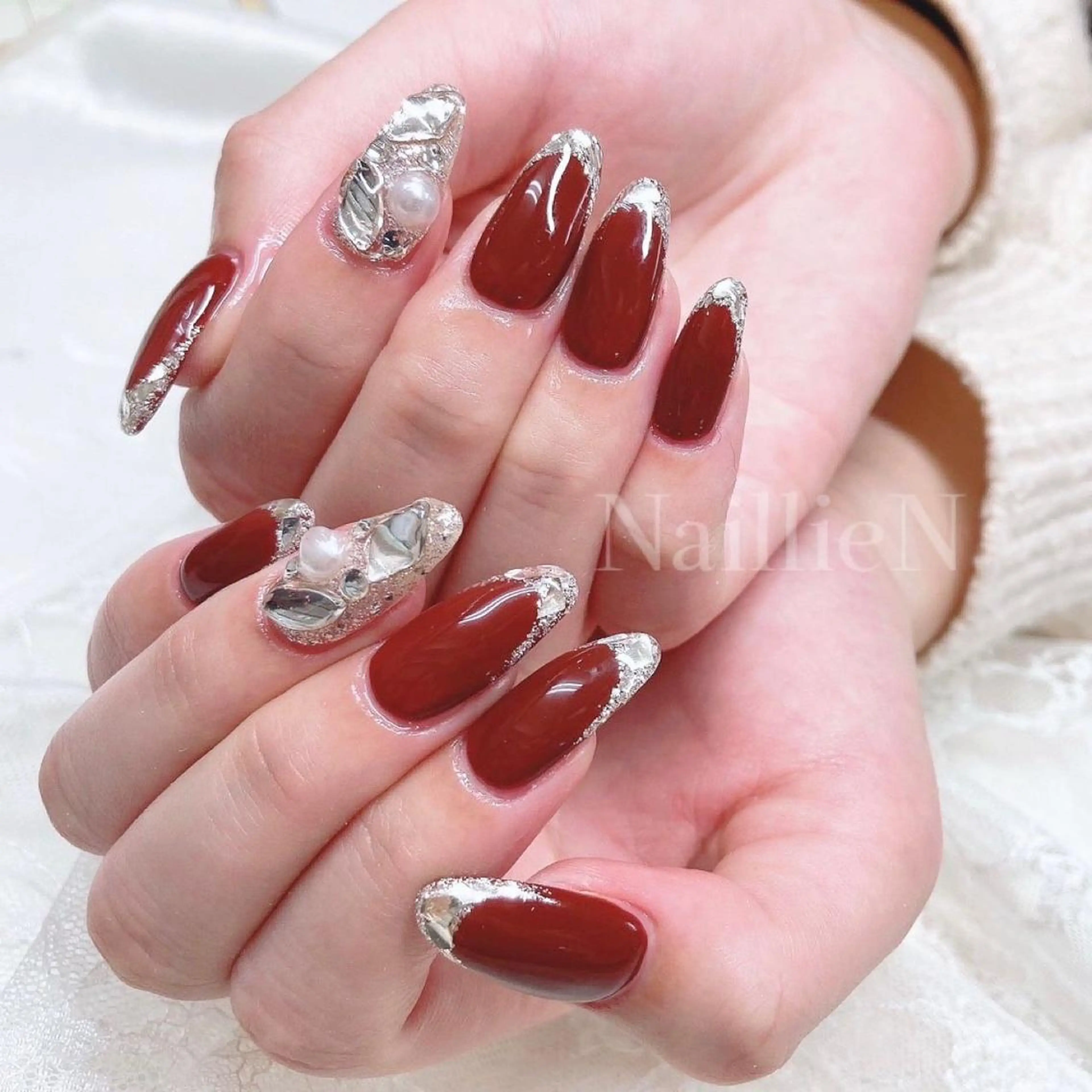 ネイル ボルドー フレンチネイル ガラスフレンチ ハンドネイル Nail lieNのネイルデザイン