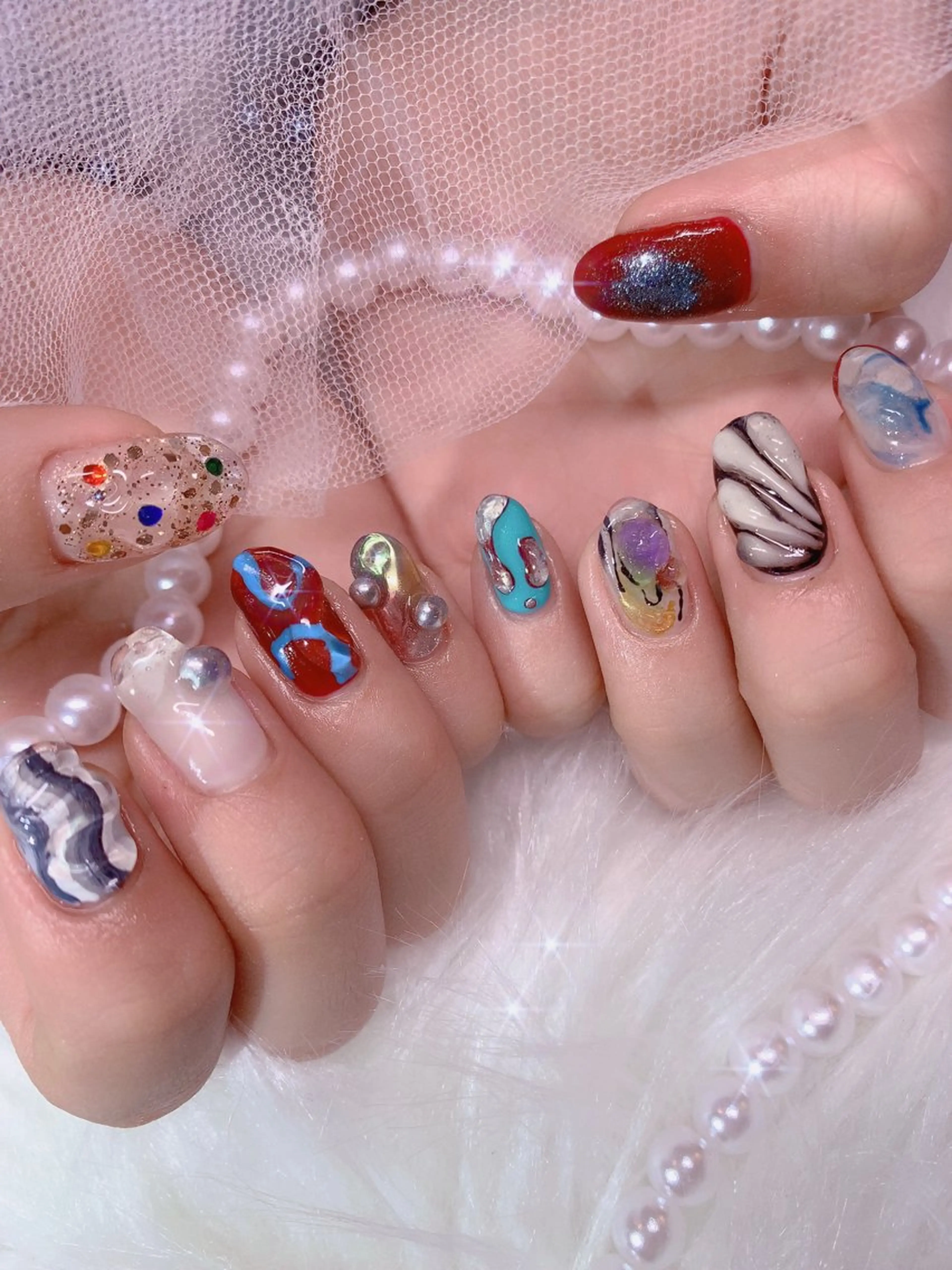 ネイル アートネイル 氷ネイル・うるうるネイル キラキラネイル 韓国ネイル 持ち込み 3Dアートネイル💗 都築レナのネイルデザイン