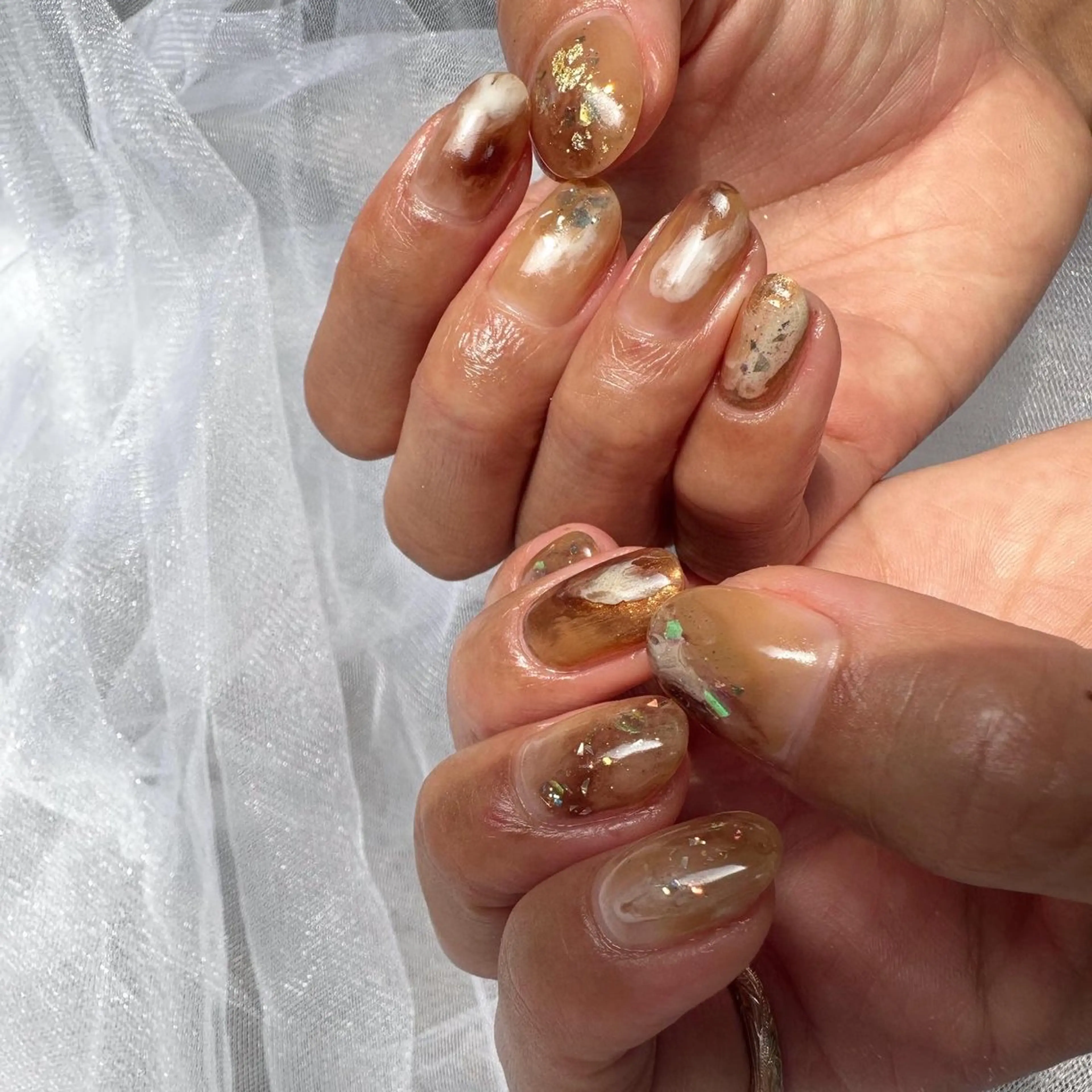 ネイル ブラウン クリアネイル 氷ネイル・うるうるネイル 韓国ネイル ミラーネイル 🪞KAPE NAIL 🪞のネイルデザイン