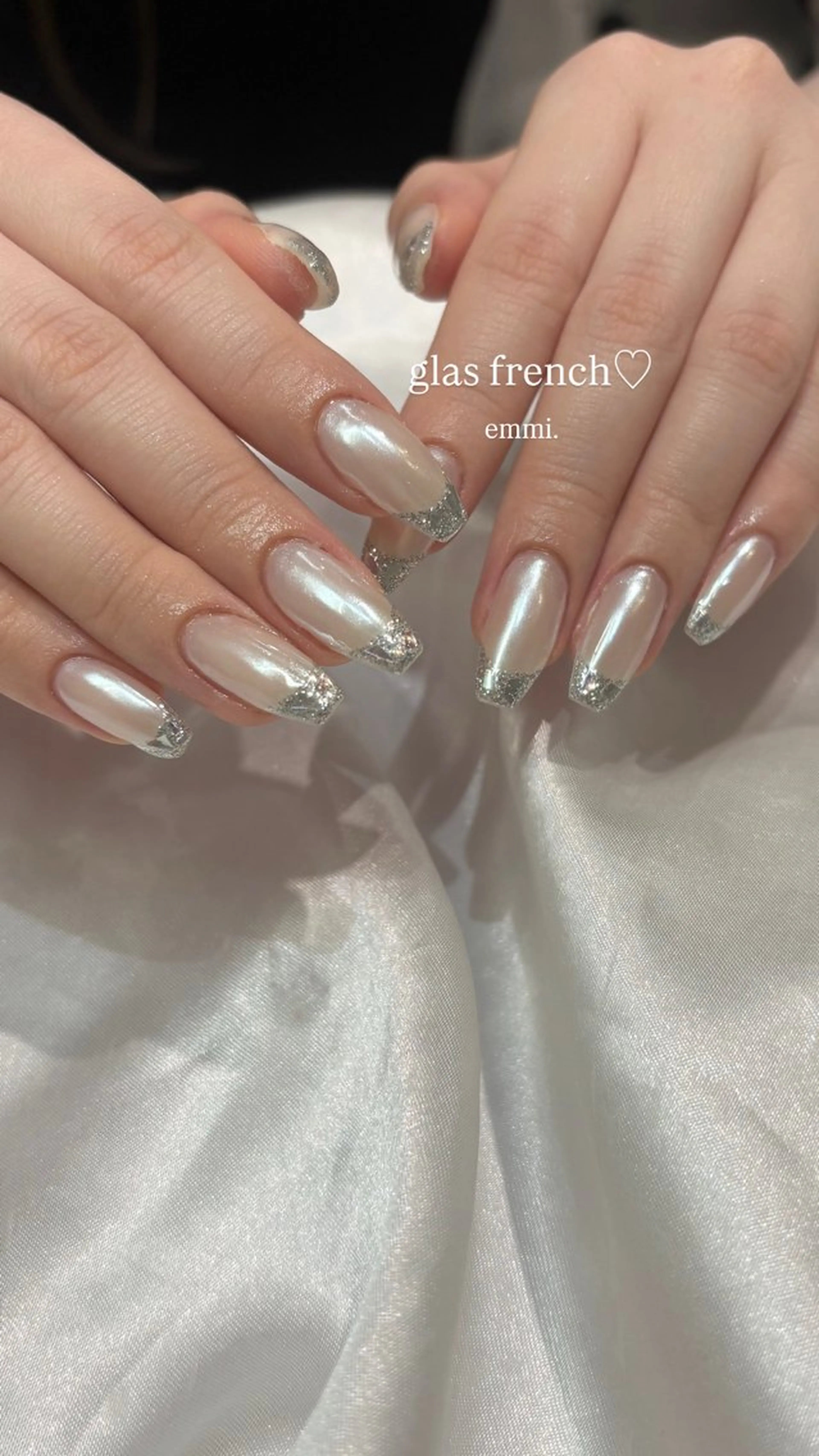 ネイル チークネイル フレンチネイル ガーリー ガラスフレンチ 氷ネイル・うるうるネイル ハンドネイル emmi nailのネイルデザイン