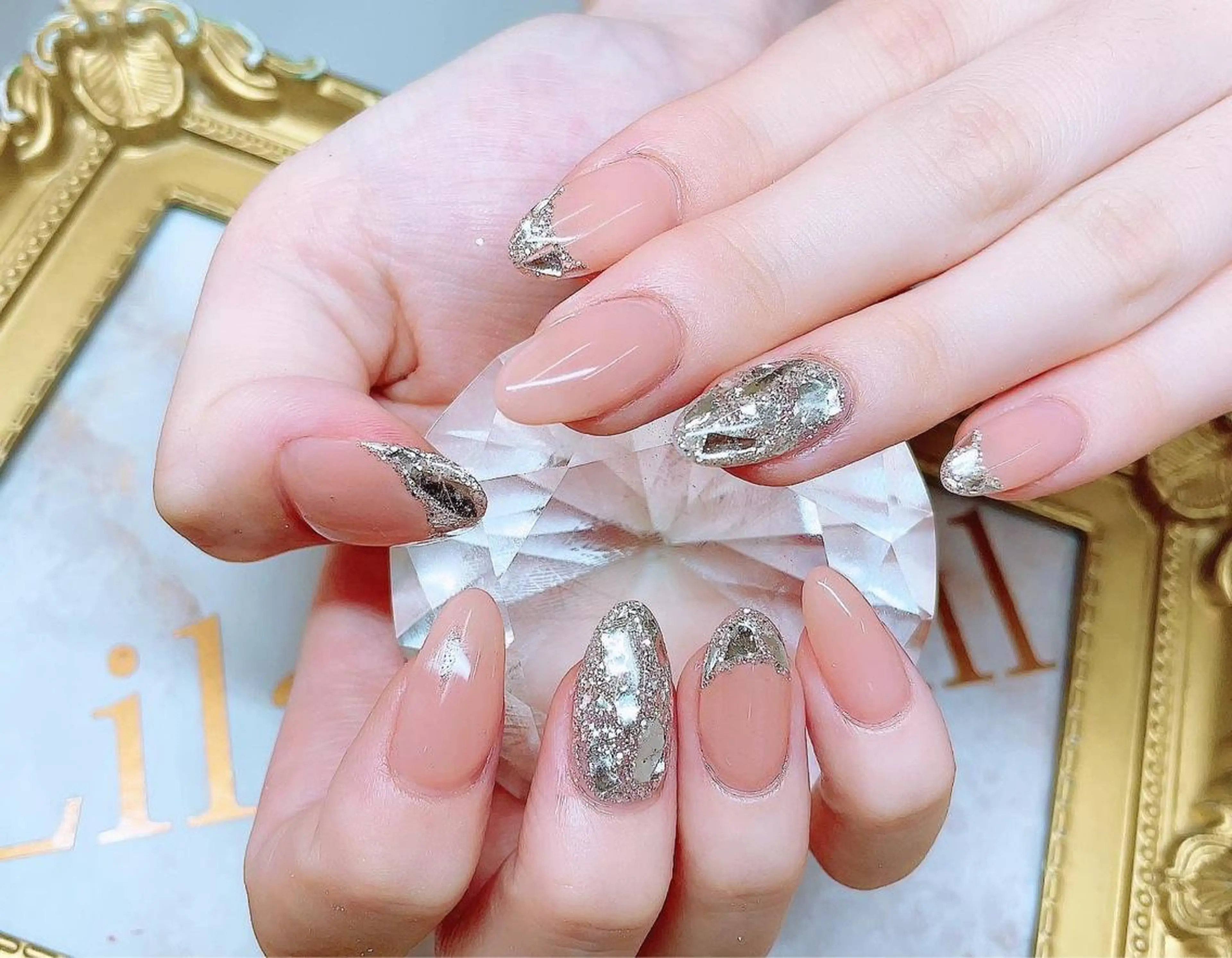 ネイル フレンチネイル ジェルネイル ガラスフレンチ キラキラネイル オフィスネイル Lilas Nailのネイルデザイン