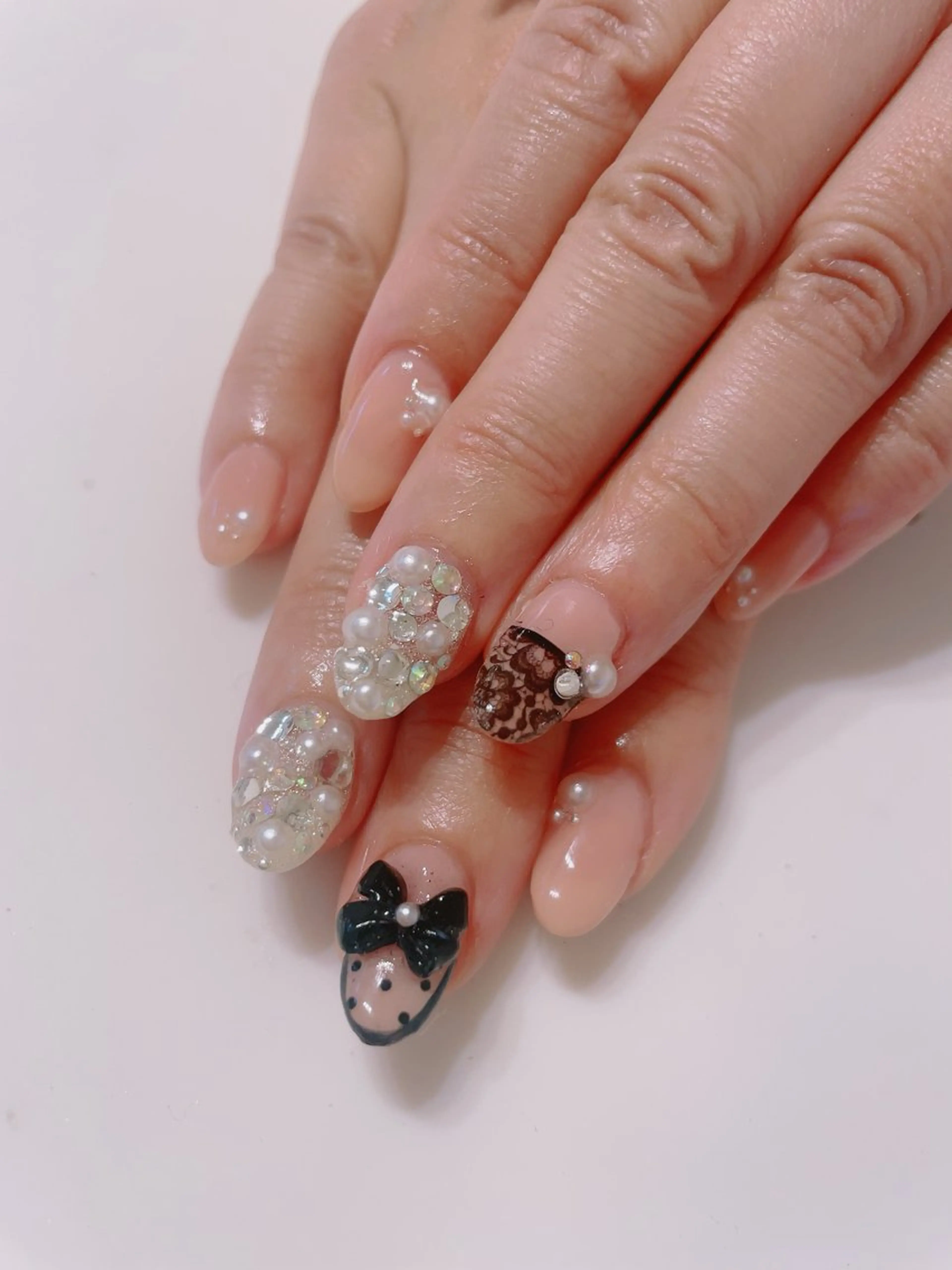 ネイル ドット レース ピンク リボン ハンドネイル * haruのネイルデザイン