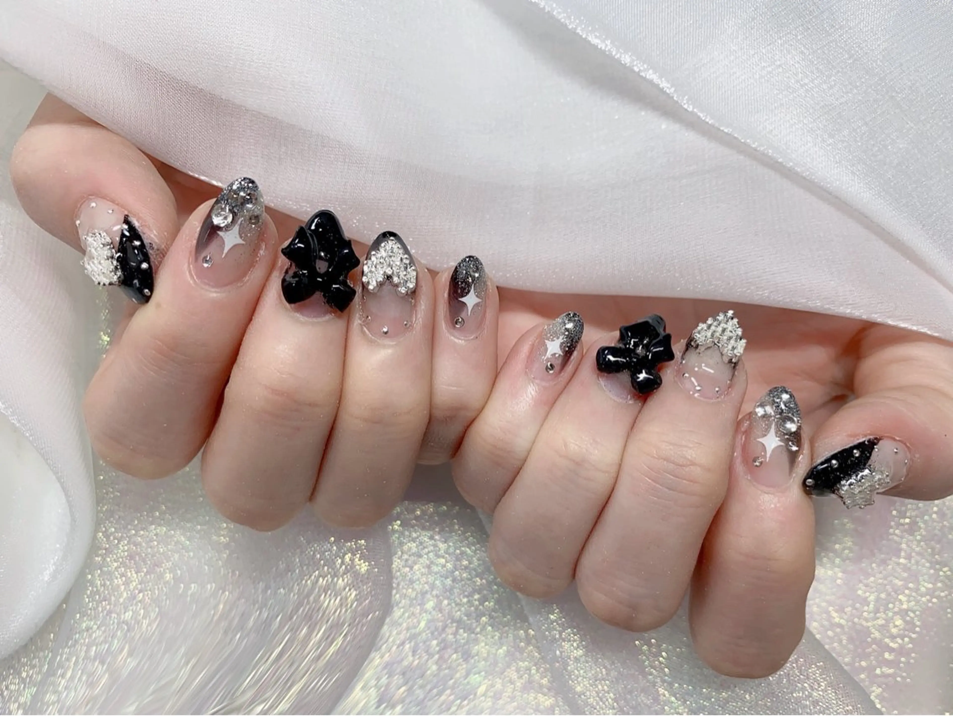 ネイル 長さ出し ジェルネイル キラキラネイル 大理石ネイル(マーブル) ニュアンスネイル Morpho nailのネイルデザイン