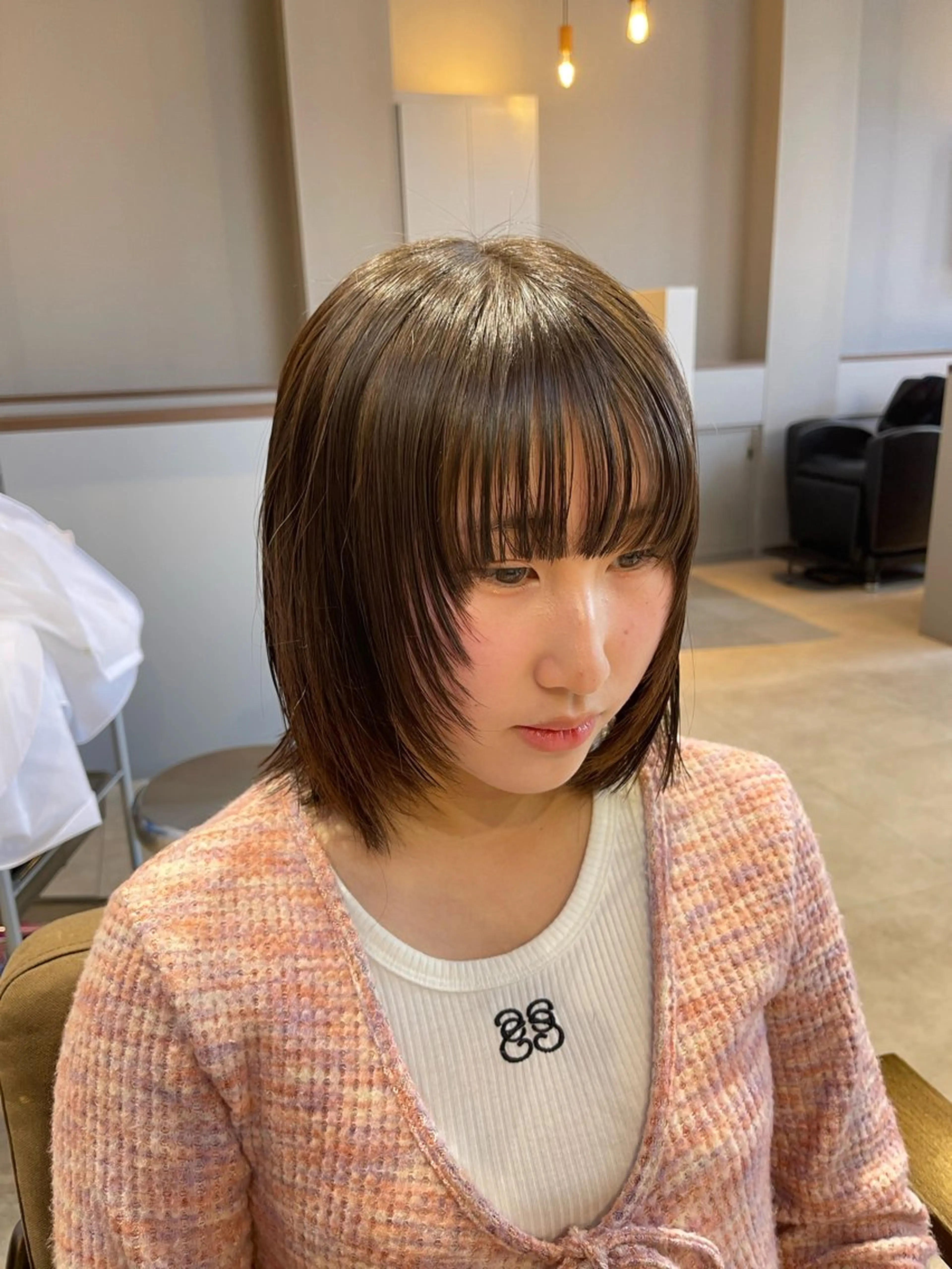 ミディアム 切りっぱなしボブ ボブ 顔周りカット 縮毛矯正 石原圭悟 /ショート/艶カラーのヘアスタイル