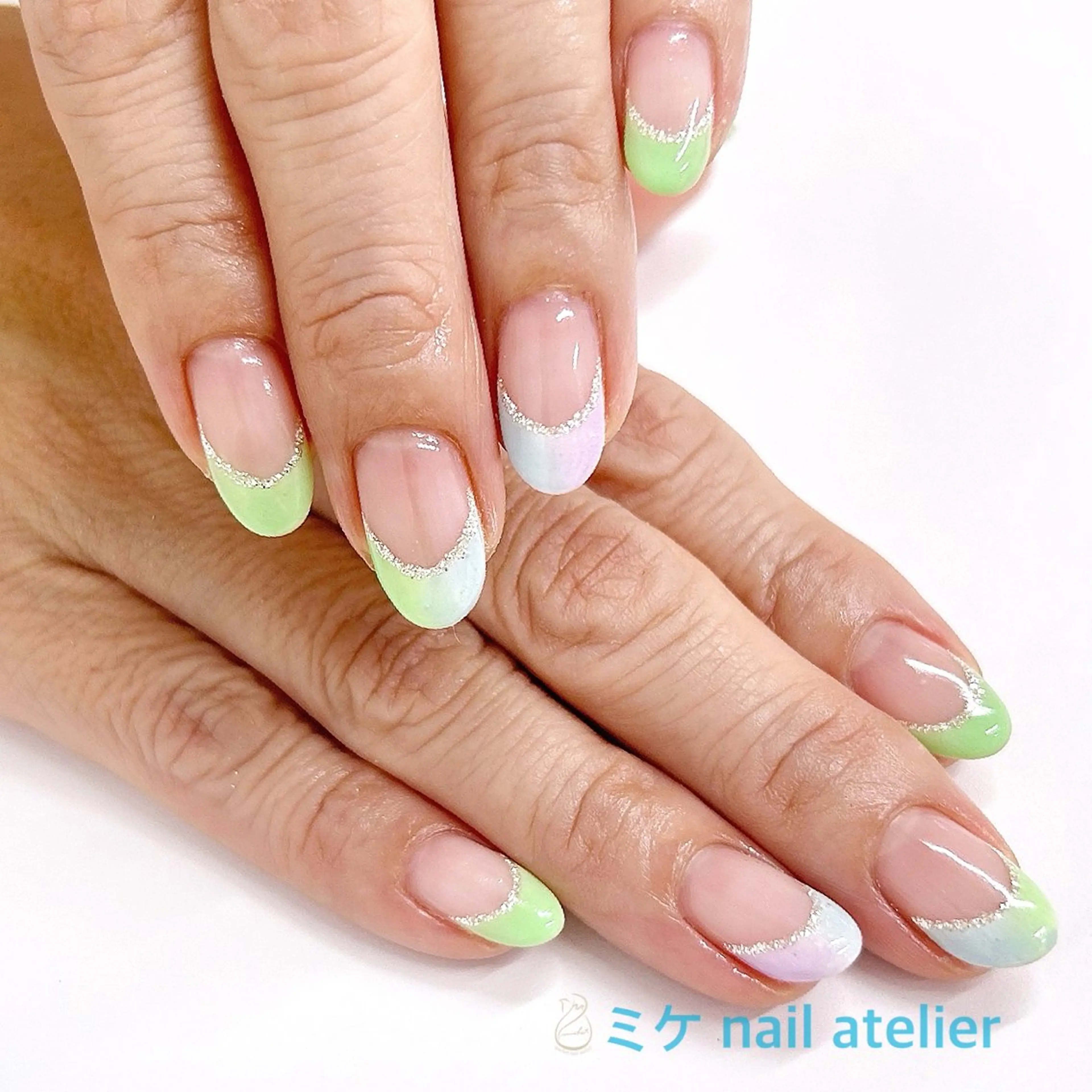ネイル ブルー フレンチネイル ジェルネイル グラデーション グリーン ハンドネイル h. rikaのネイルデザイン
