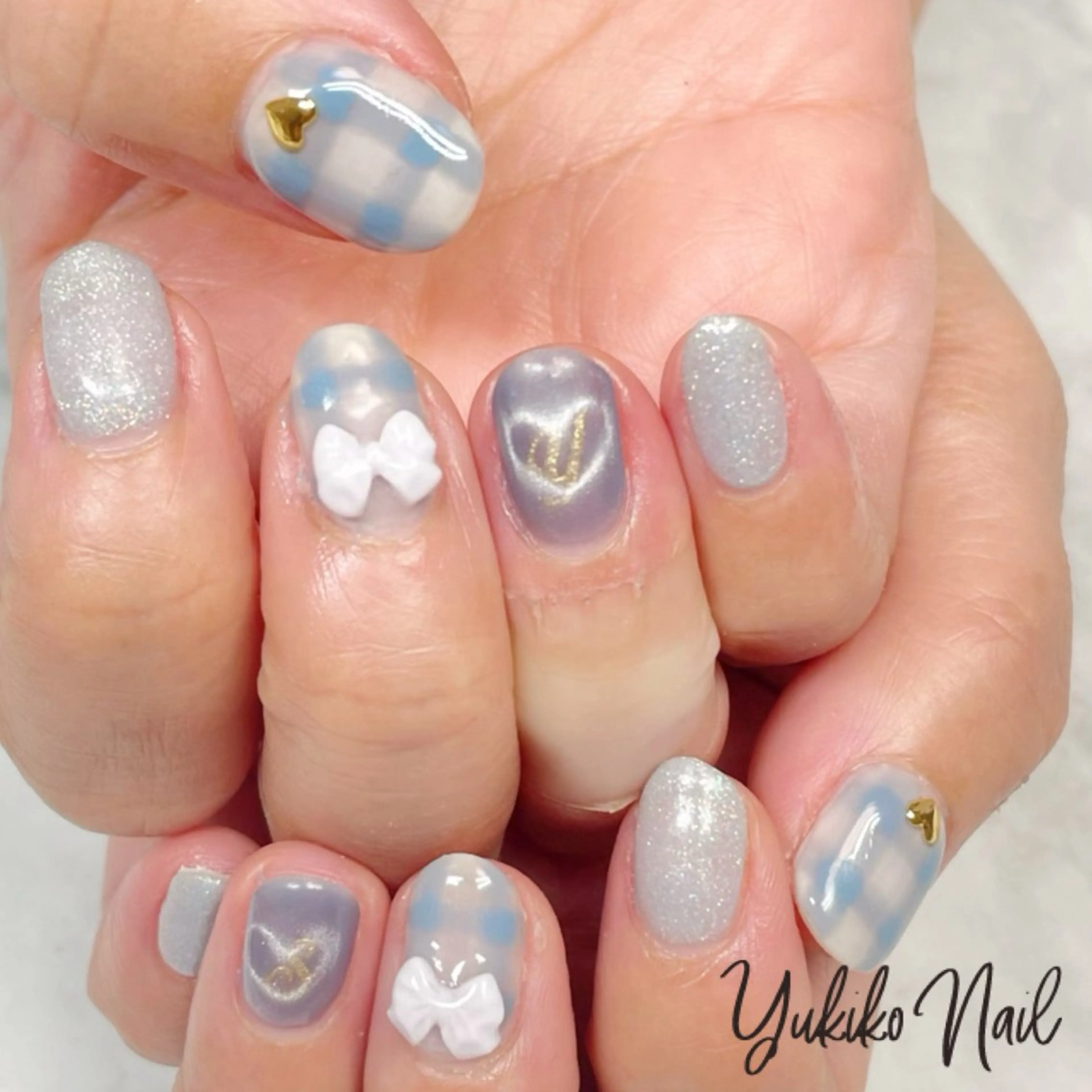 ネイル ハート マグネットネイル リボン 春ネイル ハンドネイル ユキコ ネイルのネイルデザイン