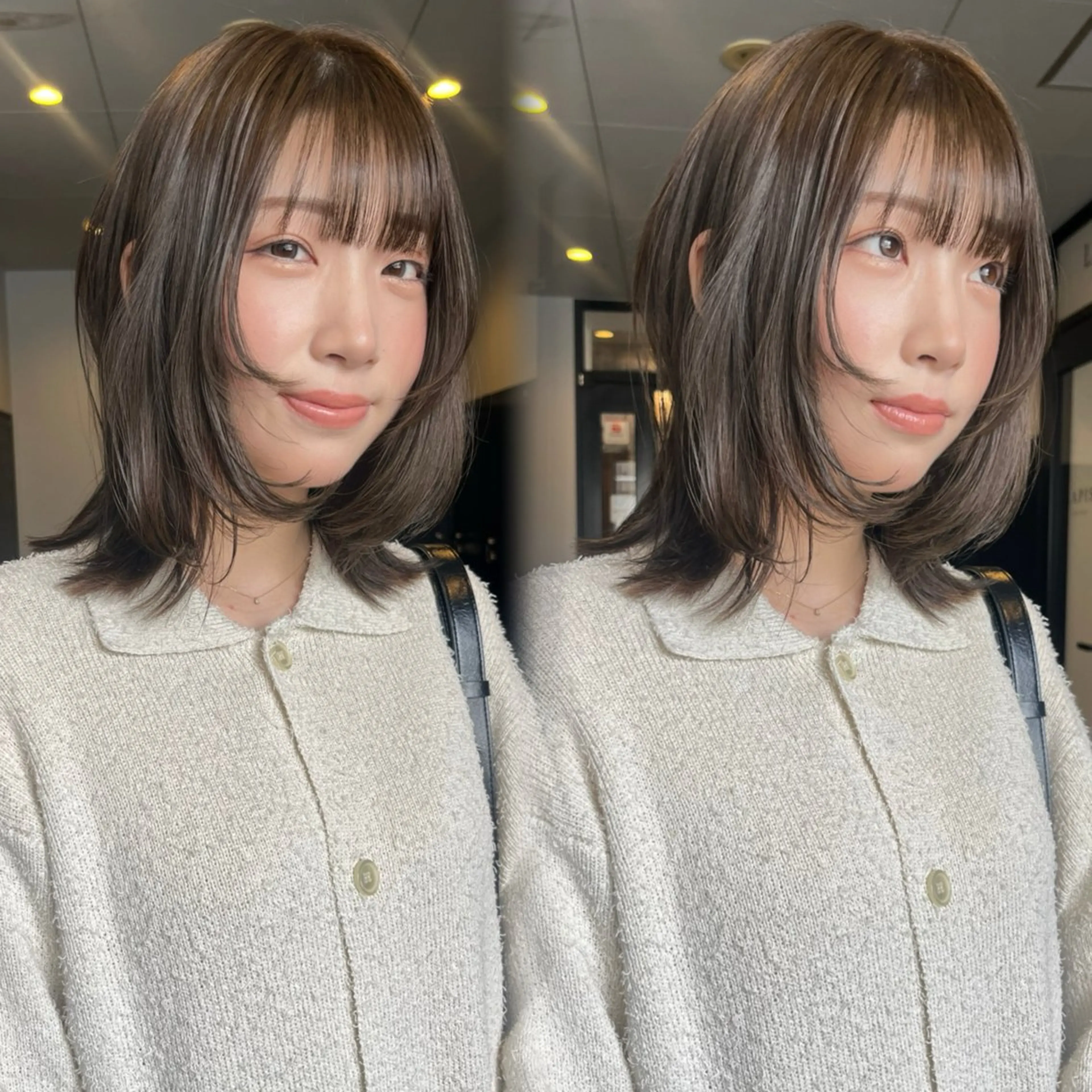 ミディアム カラー ボブレイヤー ベージュカラー オリーブベージュ オリーブカラー ボブ ヘアカラー トリートメント hono/ボブ/ ハイトーン/ベージュのヘアスタイル