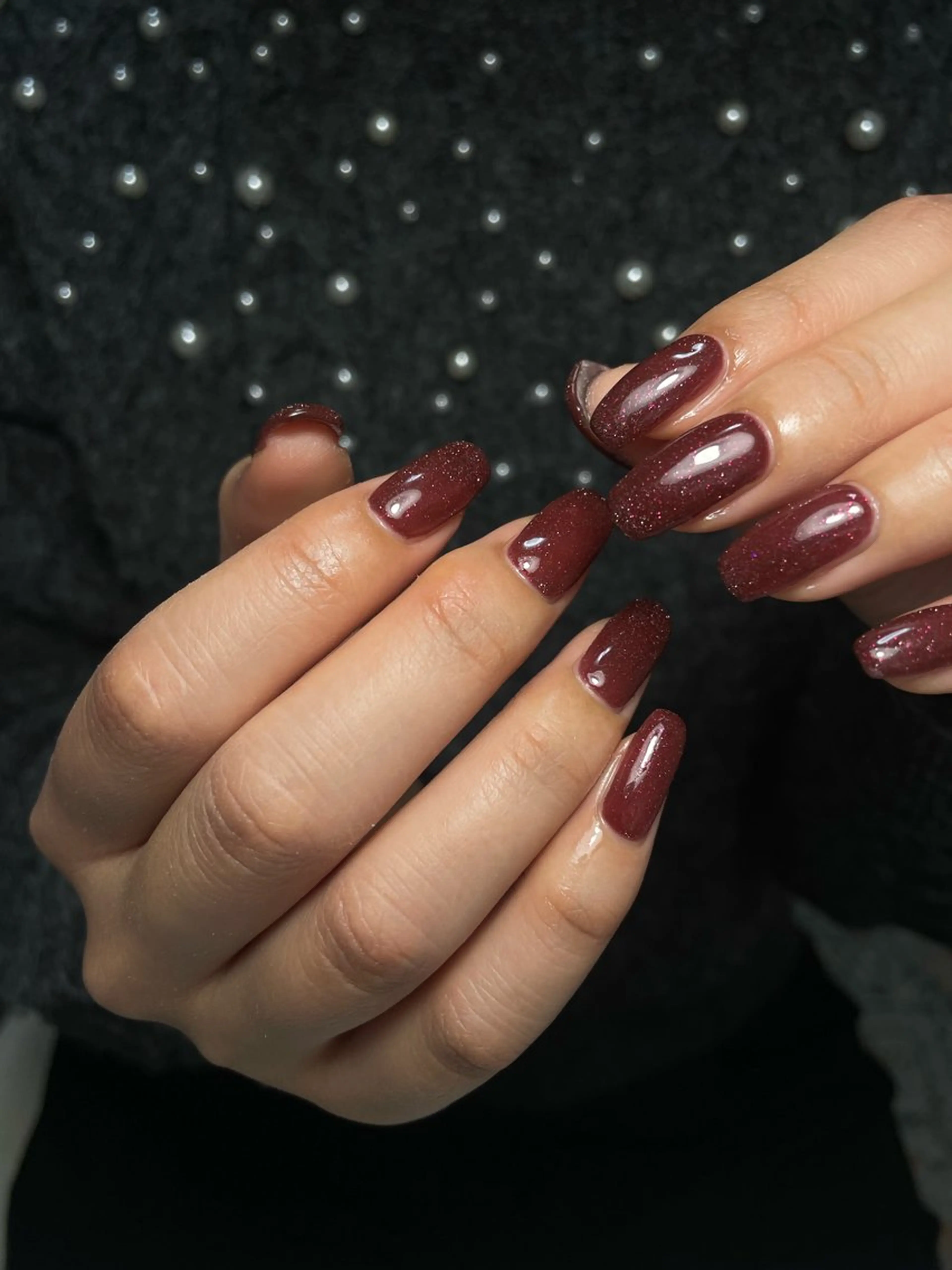 ネイル ボルドー フラッシュネイル キラキラネイル バレンタイン 冬ネイル ハンドネイル miinail miyuuのネイルデザイン