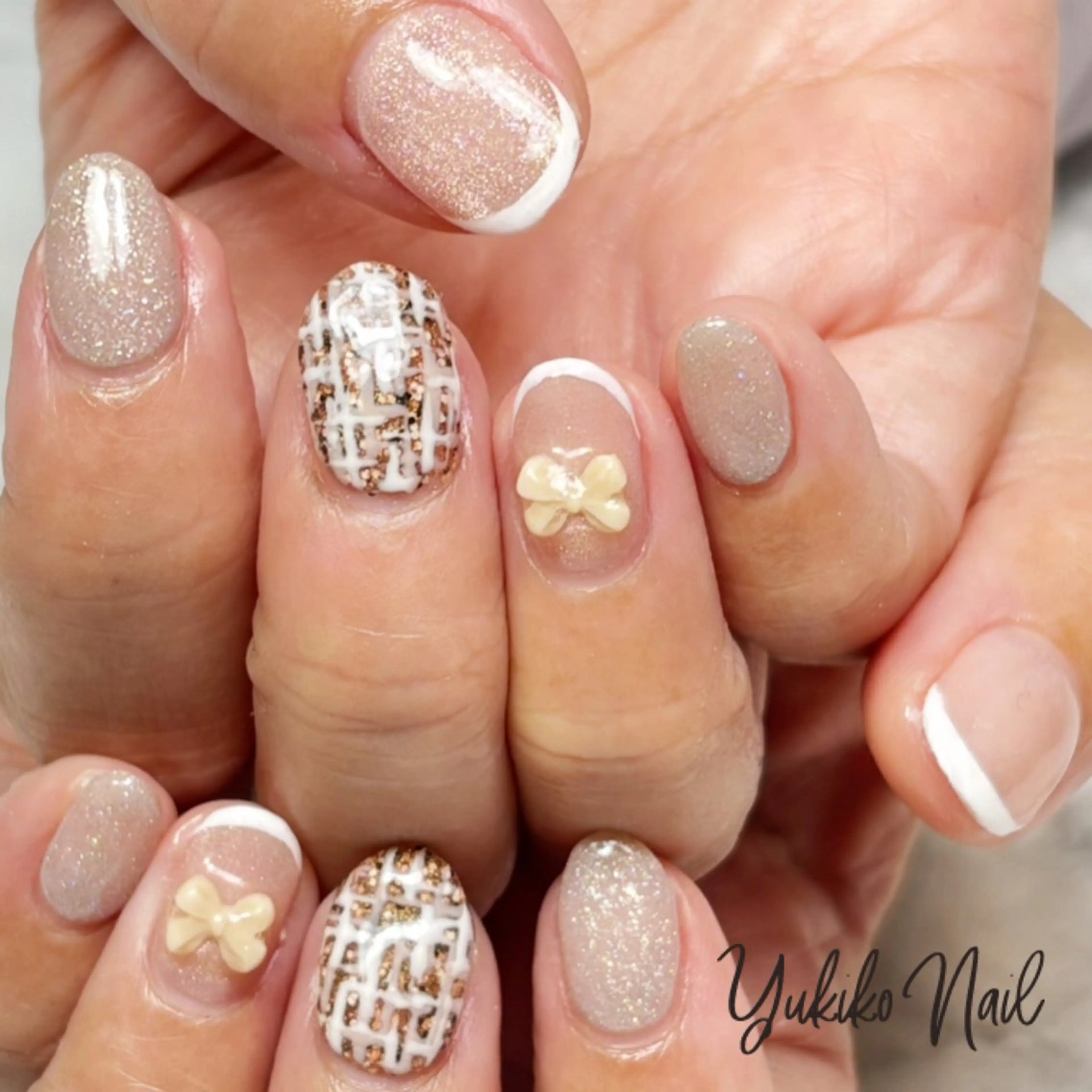 ネイル フレンチネイル キラキラネイル オフィスネイル ツイードネイル ハンドネイル ユキコ ネイルのネイルデザイン