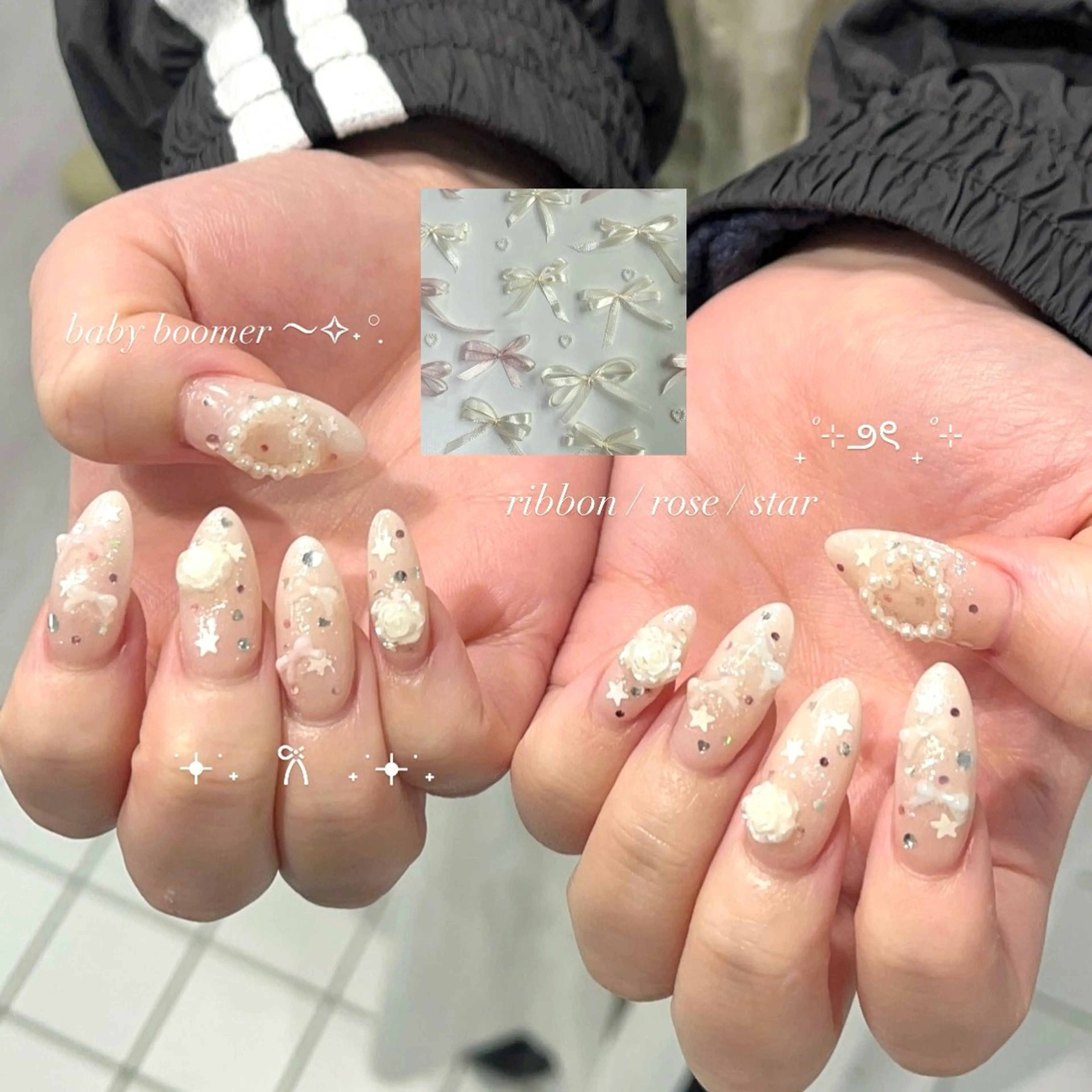 ネイル グラデーション キラキラネイル ロングネイル リボン 春ネイル ハンドネイル eight nail 春菜のネイルデザイン