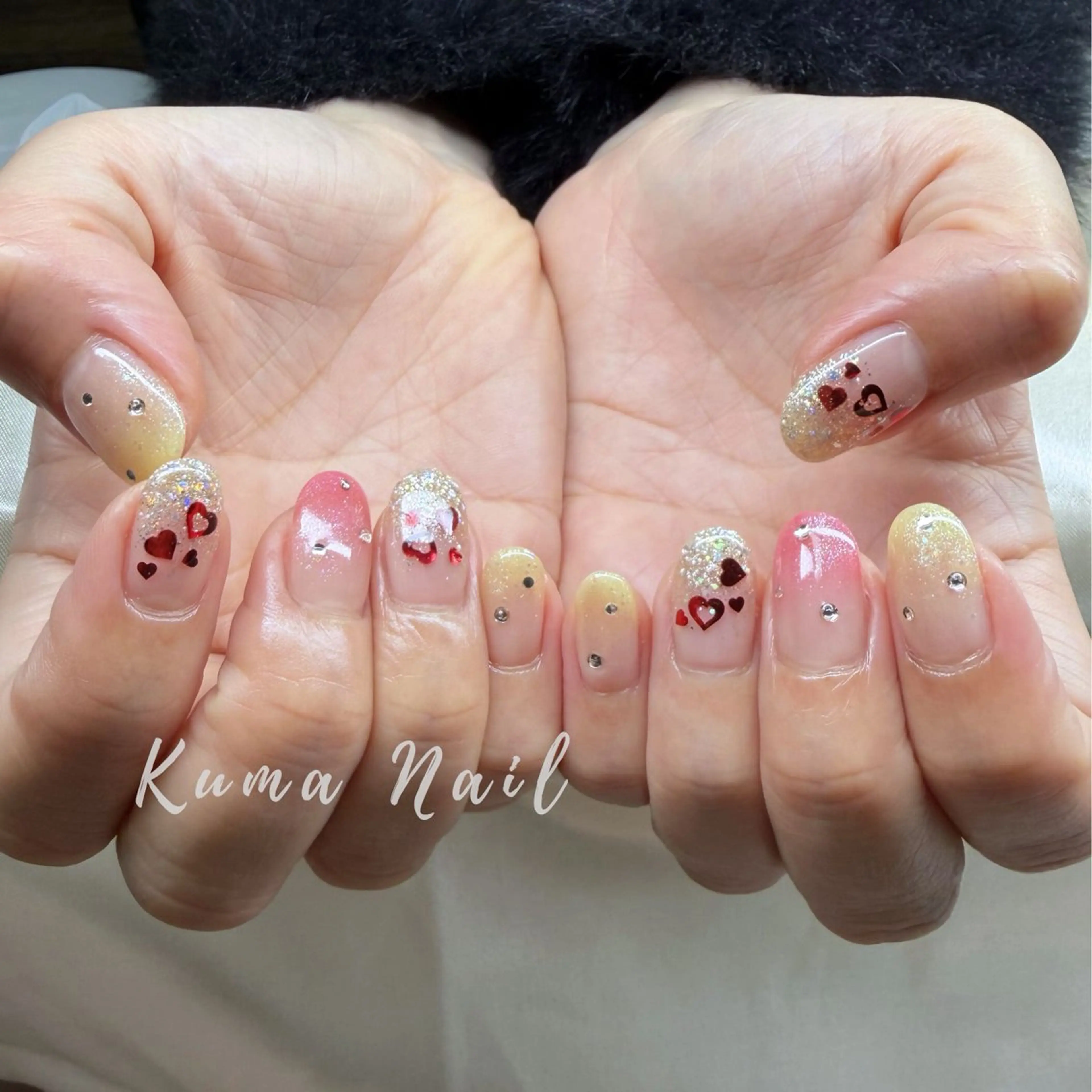 ネイル アートネイル ハート ラメ(グリッター) ピンク シルバー ハンドネイル 藤が丘ネイル Kuma Nailのネイルデザイン