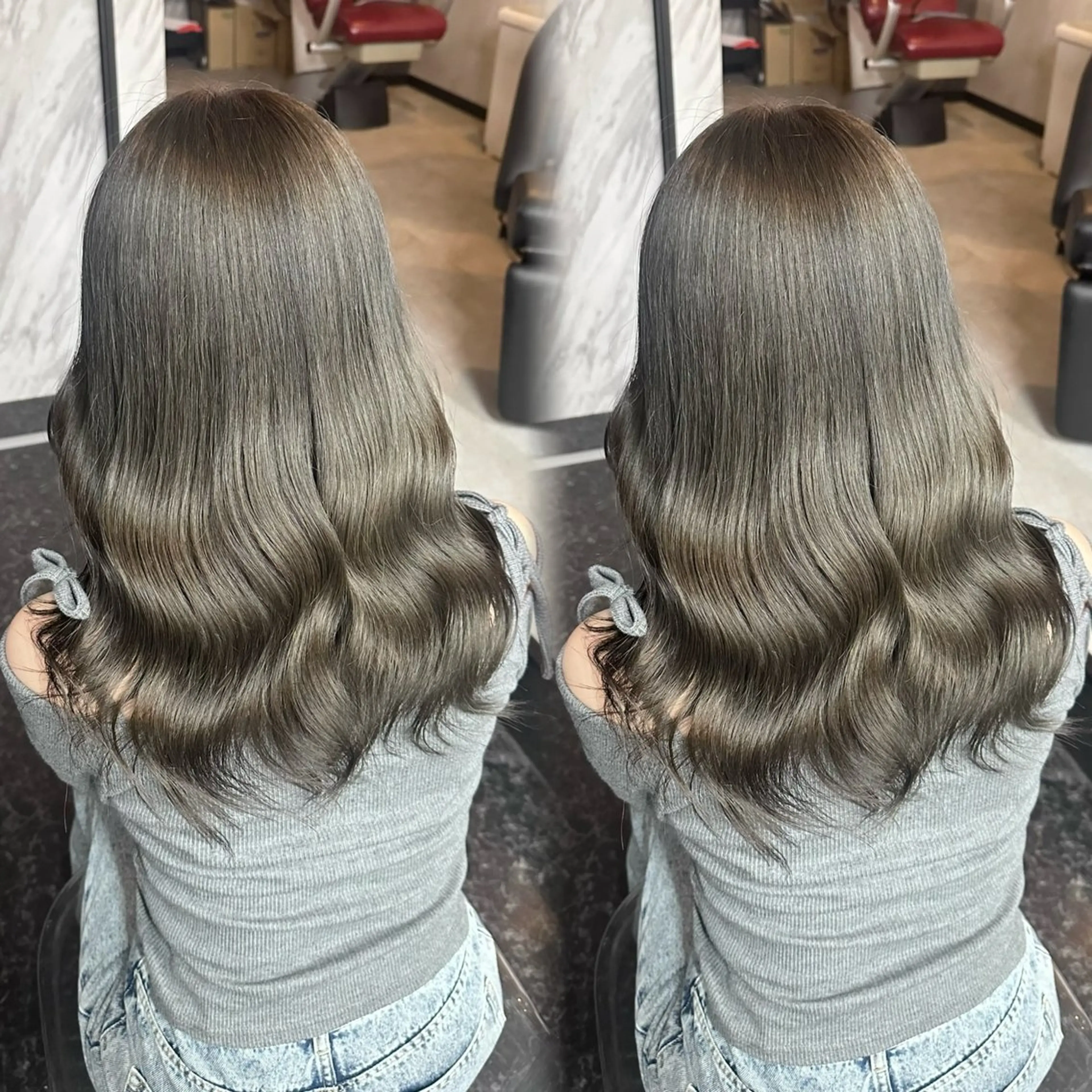 ロング カラー ブリーチ グレージュ オリーブグレージュ オリーブグレー ヘアカラー ainya/心斎橋 /ハイトーン/カラーのヘアスタイル