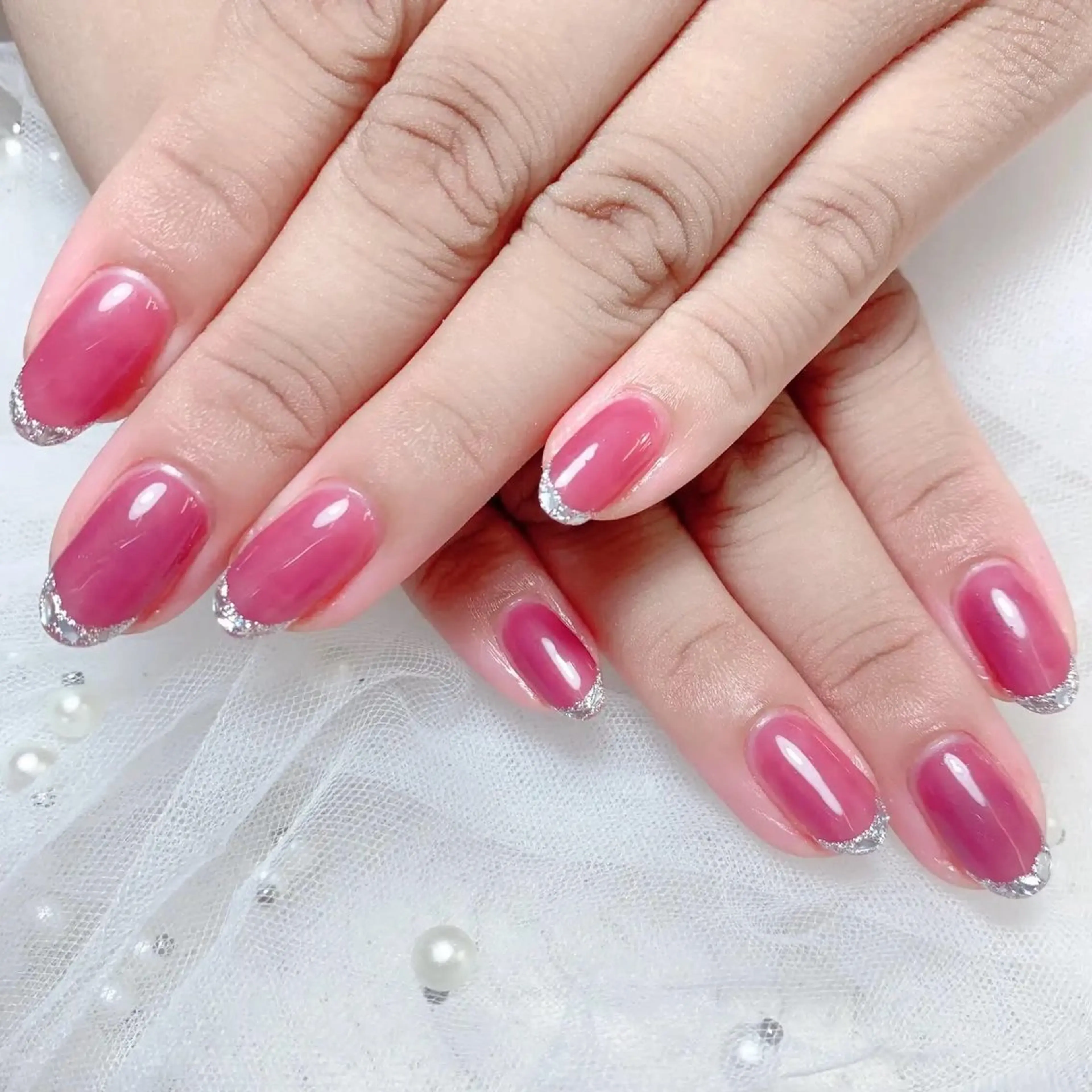 ネイル フレンチネイル ガラスフレンチ キラキラネイル 黄色 salon femmeのネイルデザイン