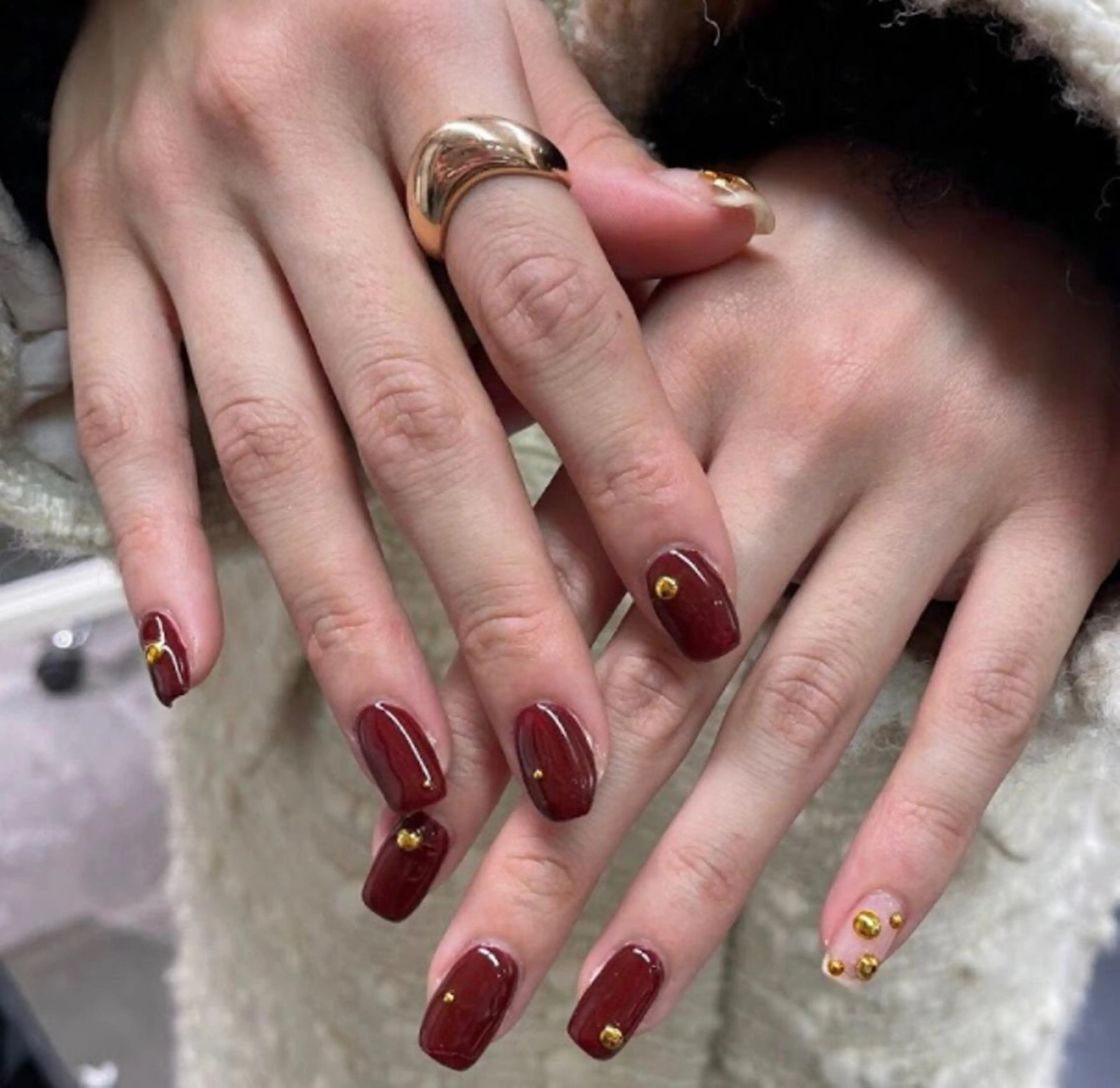 ネイル アートネイル ボルドー クリアネイル ジェルネイル ミラーネイル nailstudio eviz新宿店のネイルデザイン