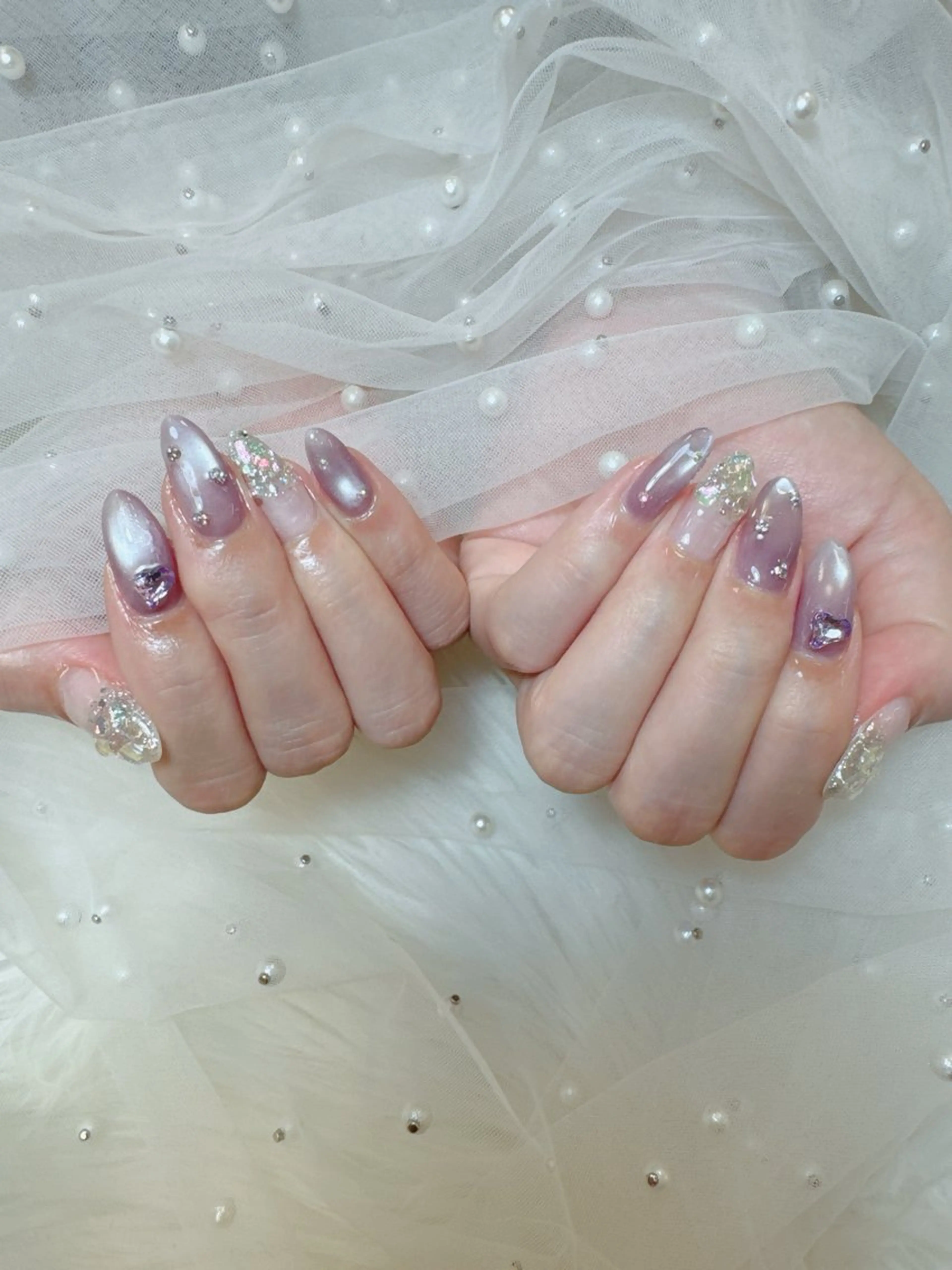 ネイル 成人式 長さ出し フレンチネイル ジェルネイル ガラスフレンチ ハンドネイル Queeens nailのネイルデザイン