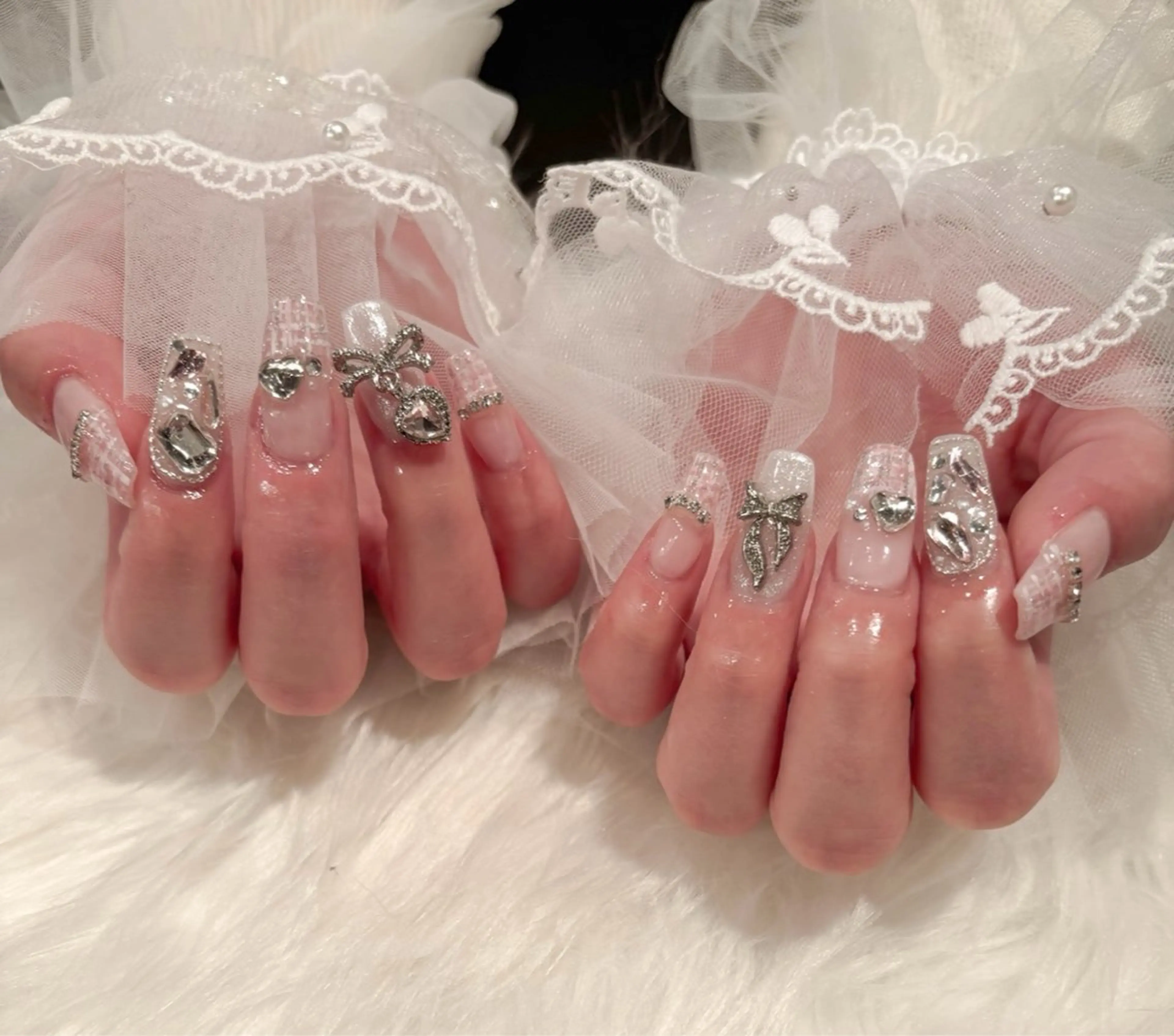 ネイル 長さ出し リボン ツイードネイル ハンドネイル nail untitled🌷のネイルデザイン