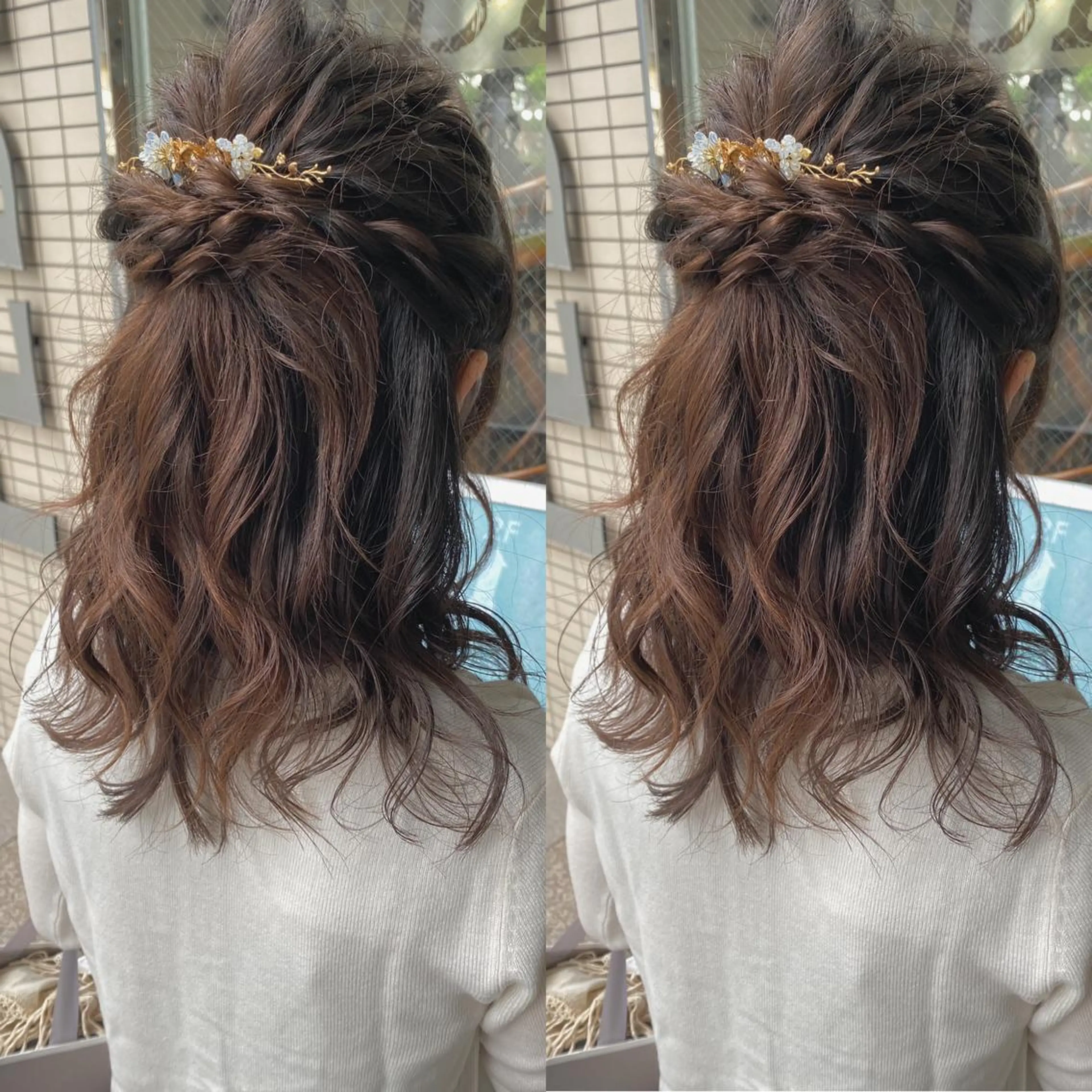 セミロング ヘアアレンジ ハーフアップ エクステ 外国人風カラー ハイライト 髪質改善 モモカ/ハイトーン /バレイヤージュのヘアスタイル