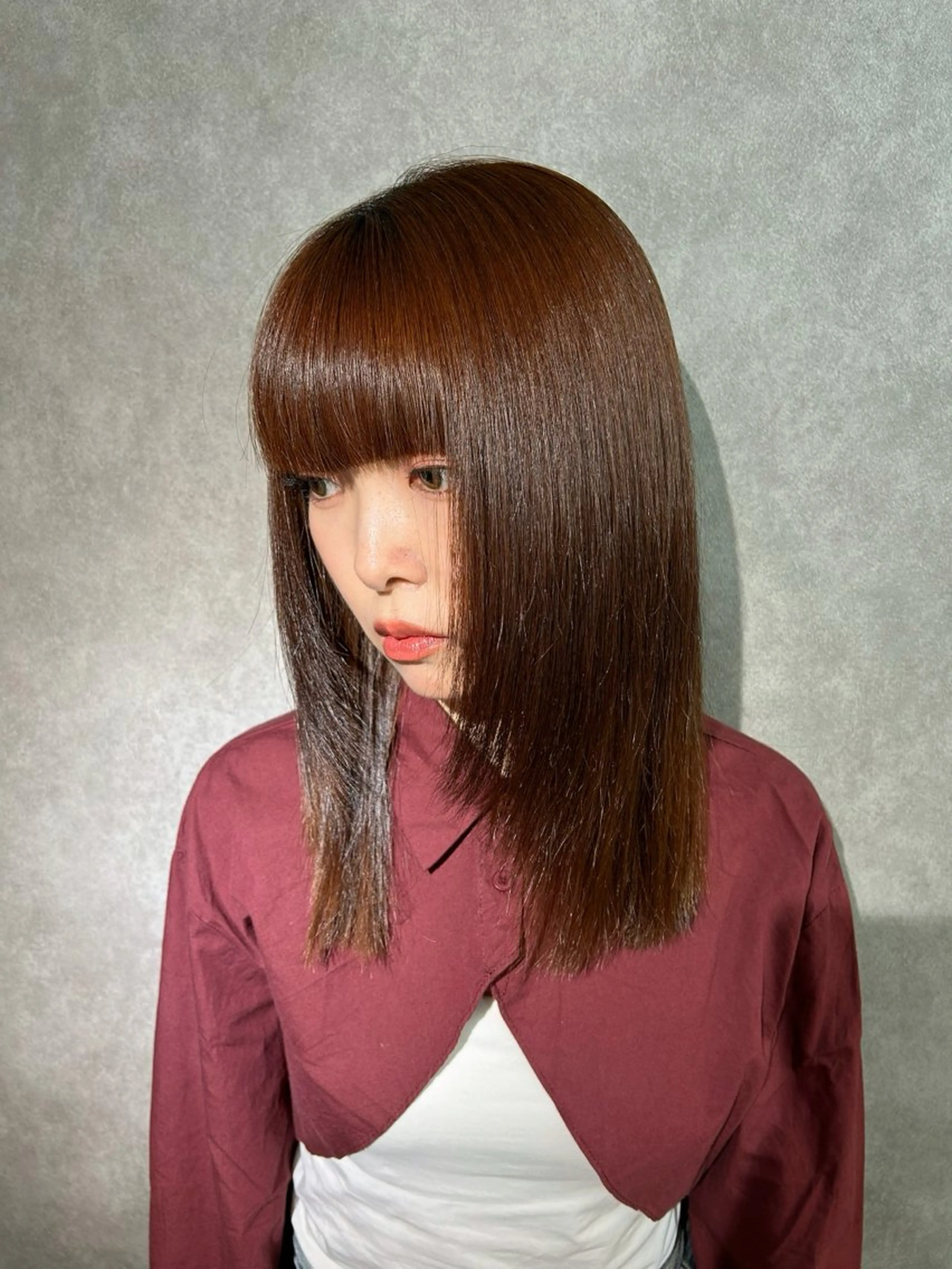 セミロング 顔周りカット 髪質改善 レイヤーカット 縮毛矯正 トリートメント トリートメント nui【茨木】本多 莉果子のヘアスタイル