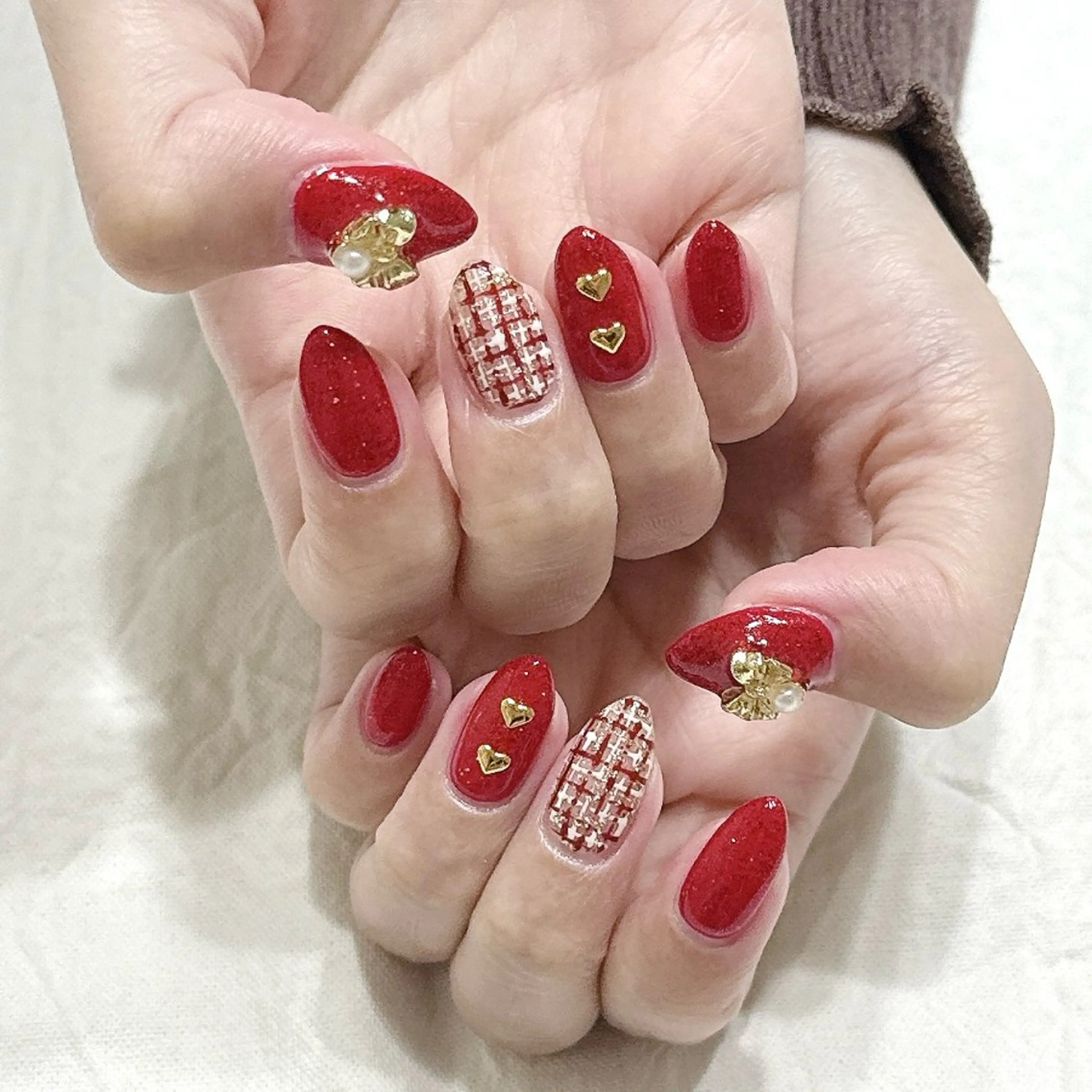ネイル 赤色 リボン ツイードネイル ハンドネイル peaberry nailのネイルデザイン