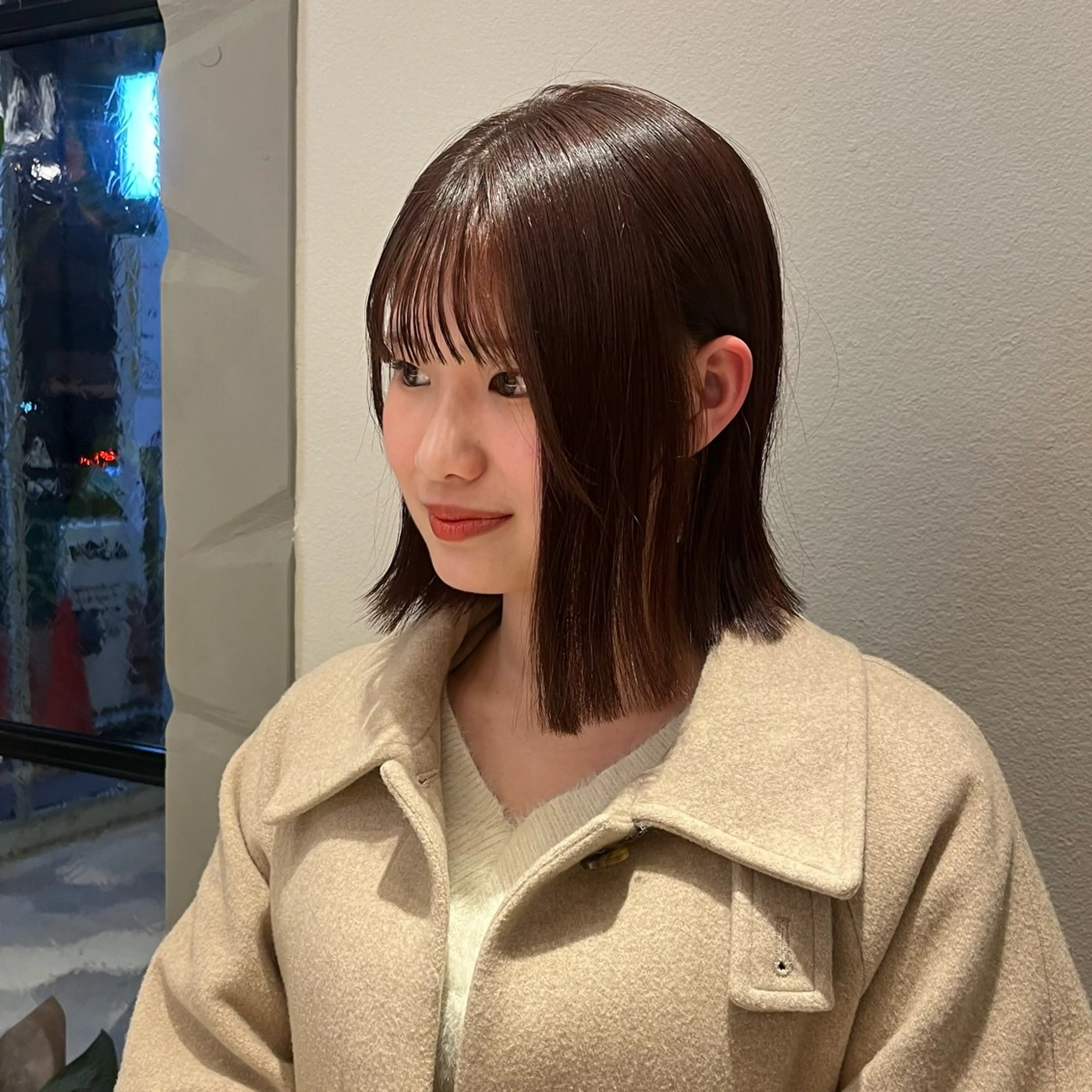 ミディアム カラー 切りっぱなしボブ ブラウンカラー ボブ 髪質改善 顔周り/ガーリー /ヘアメ/あつはのヘアスタイル