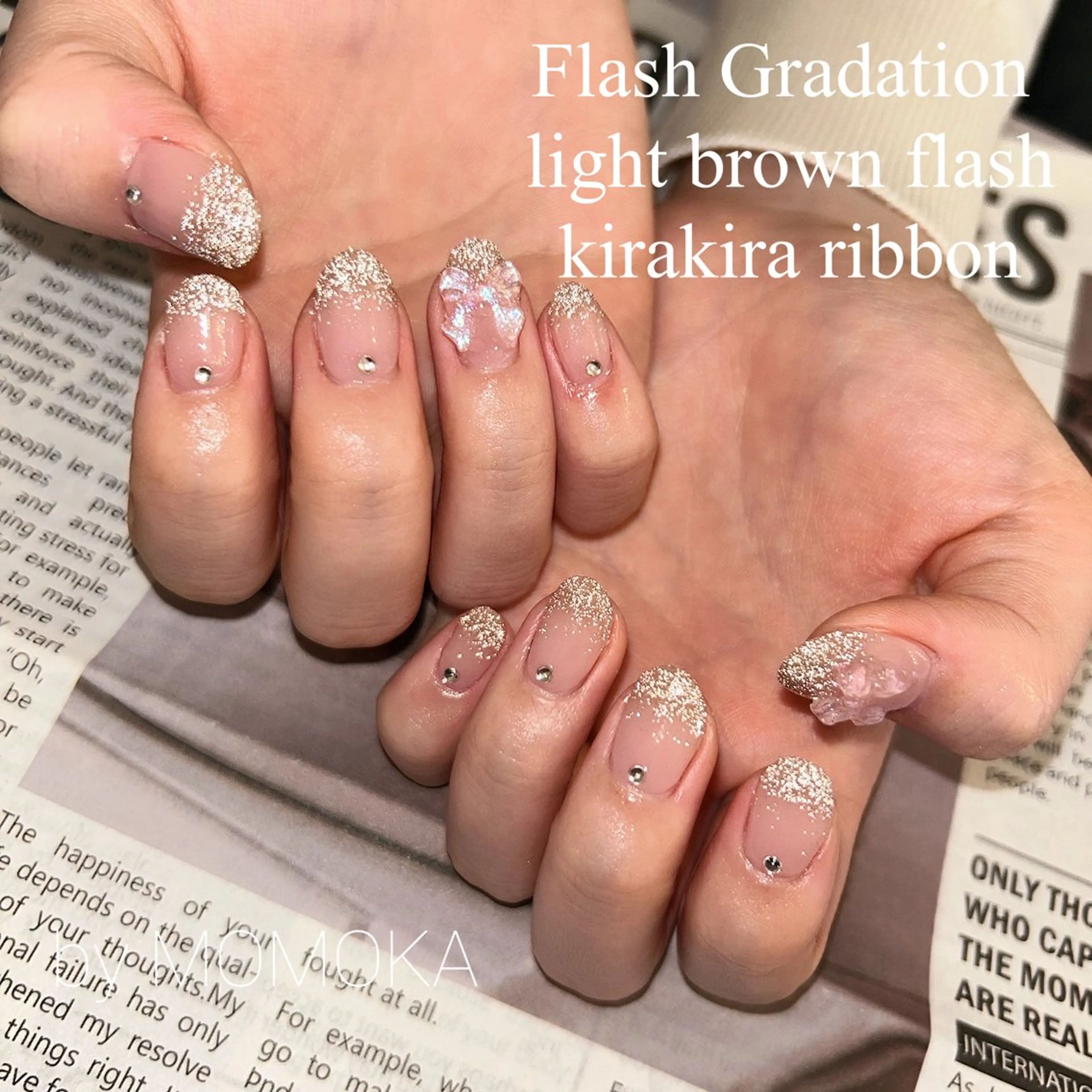 ネイル フラッシュネイル グラデーション リボン ハンドネイル Momo nailsalonのネイルデザイン