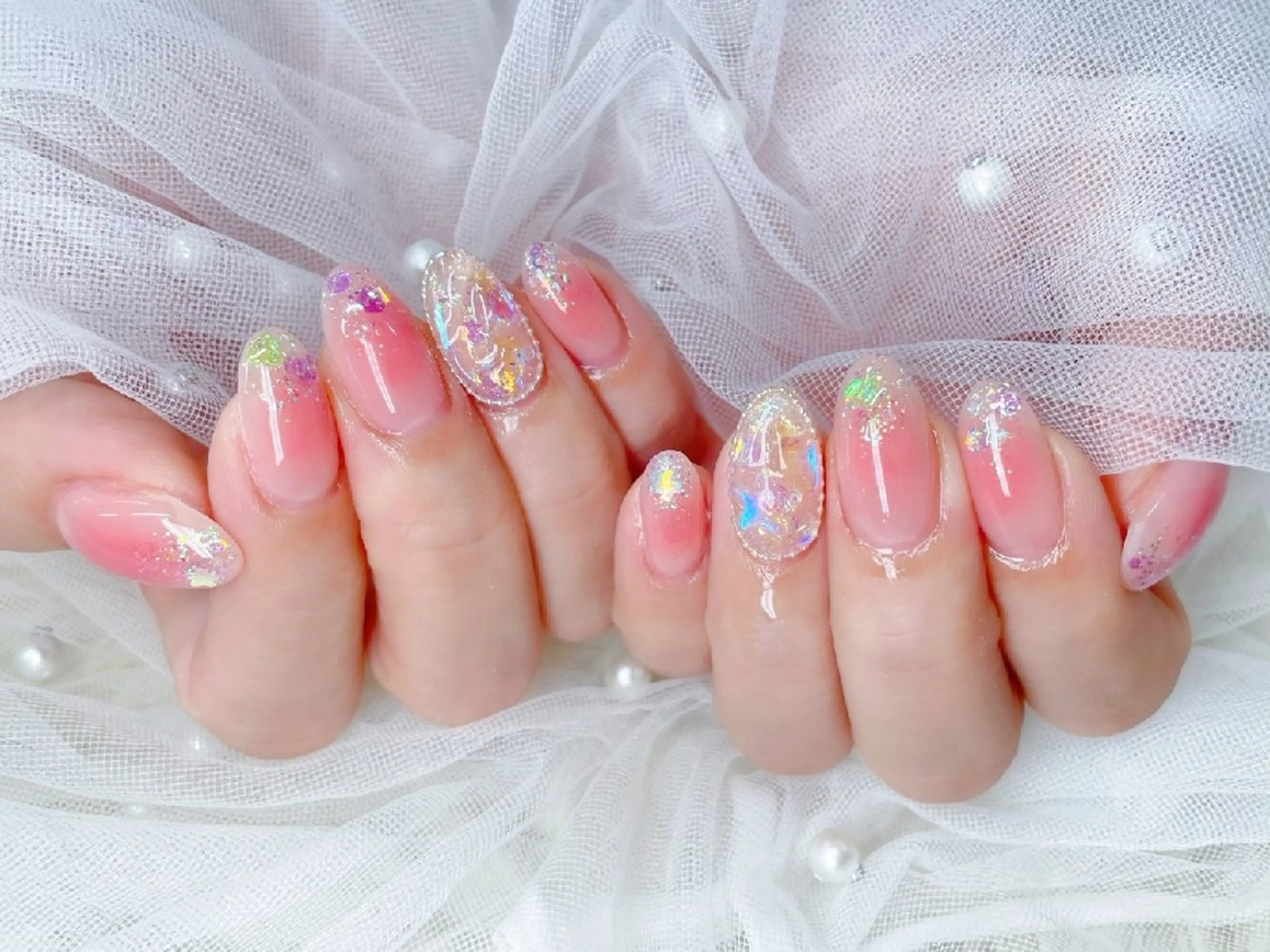 ネイル 長さ出し フラッシュネイル フレンチネイル キラキラネイル ラメ(グリッター) Chouette Nailのネイルデザイン