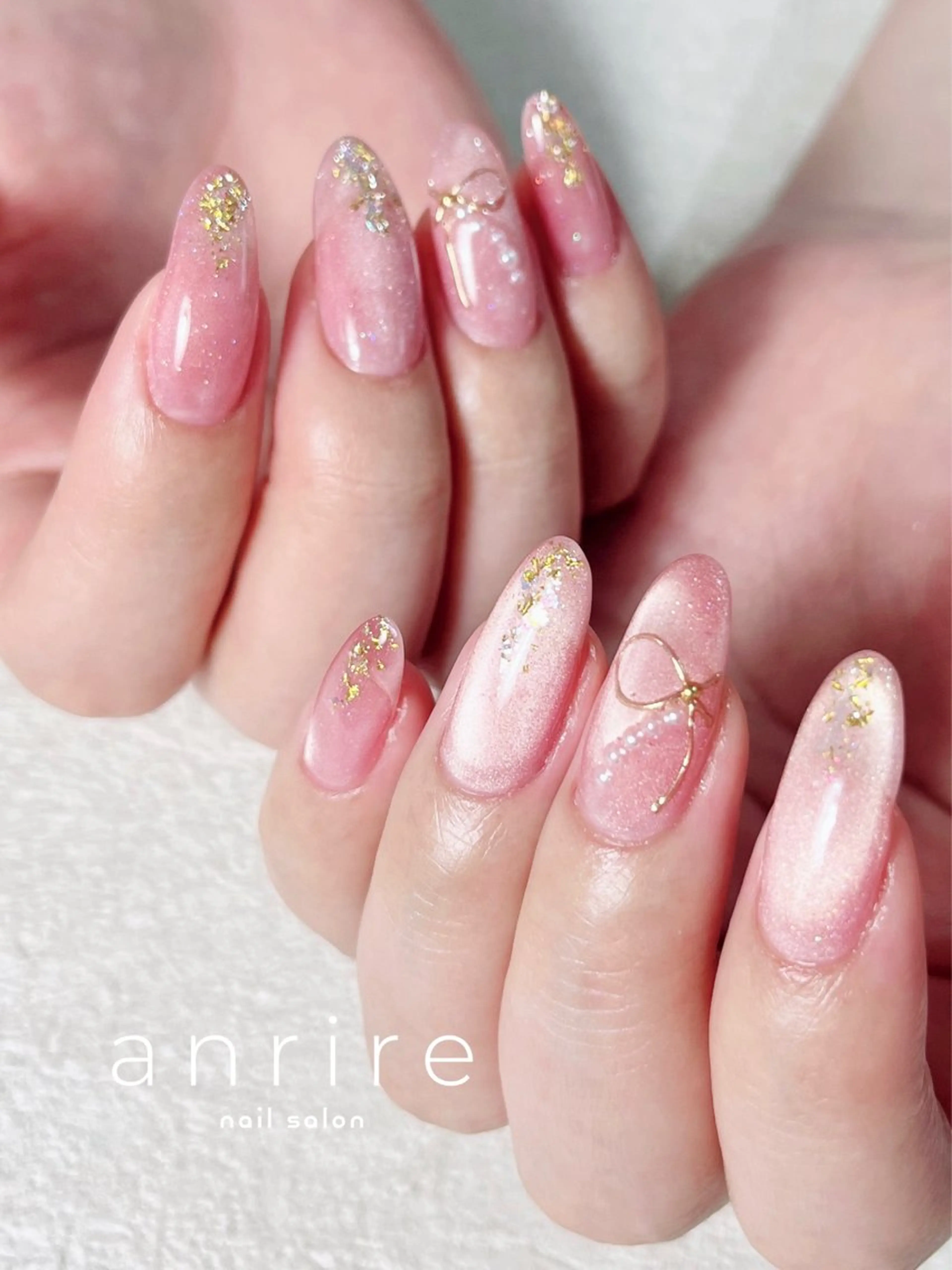 ネイル マグネットネイル リボン 春ネイル ハンドネイル nailsalon anrireのネイルデザイン