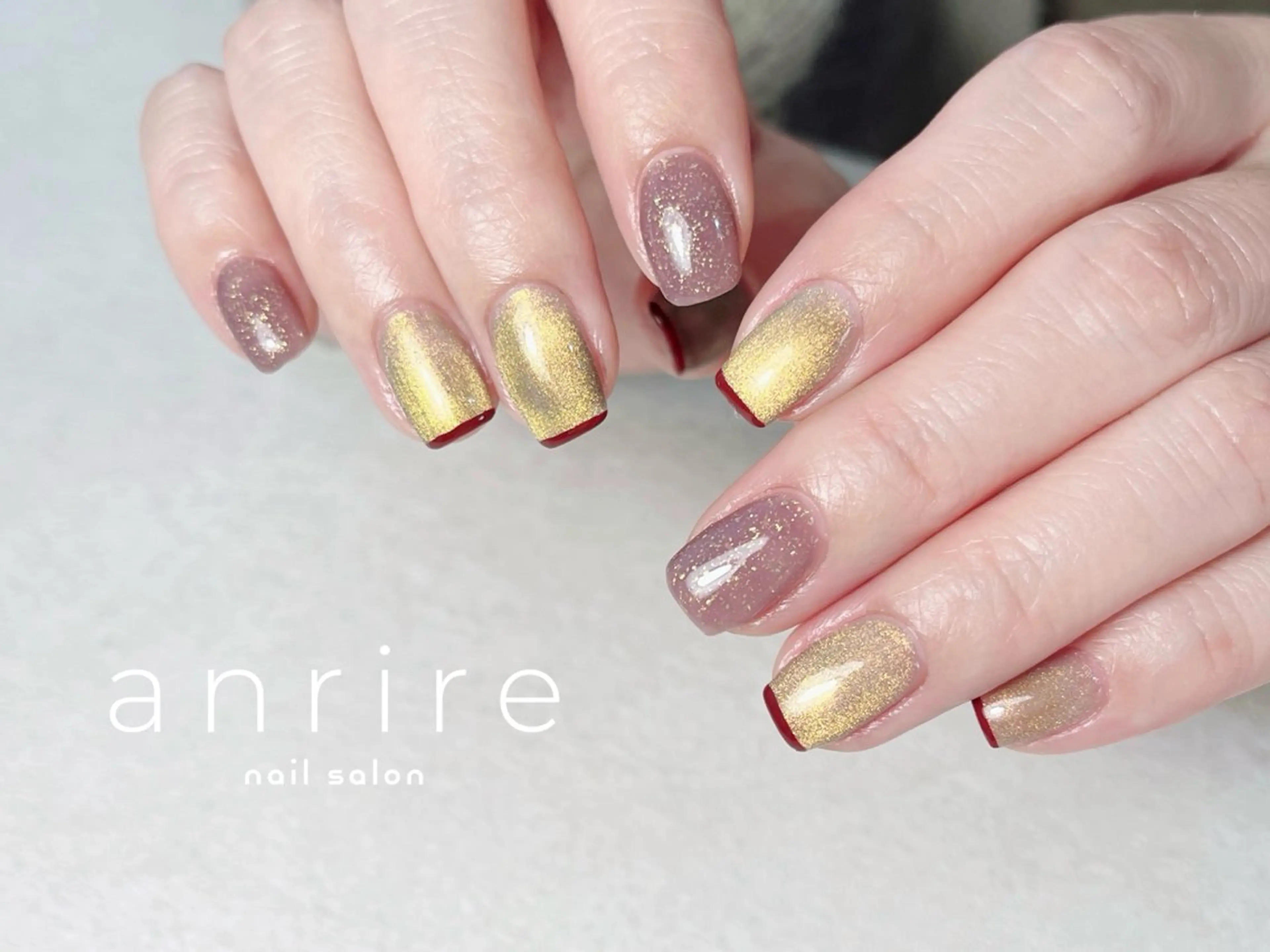ネイル ボルドー ブラウン フレンチネイル ジェルネイル キラキラネイル ハンドネイル nailsalon anrireのネイルデザイン