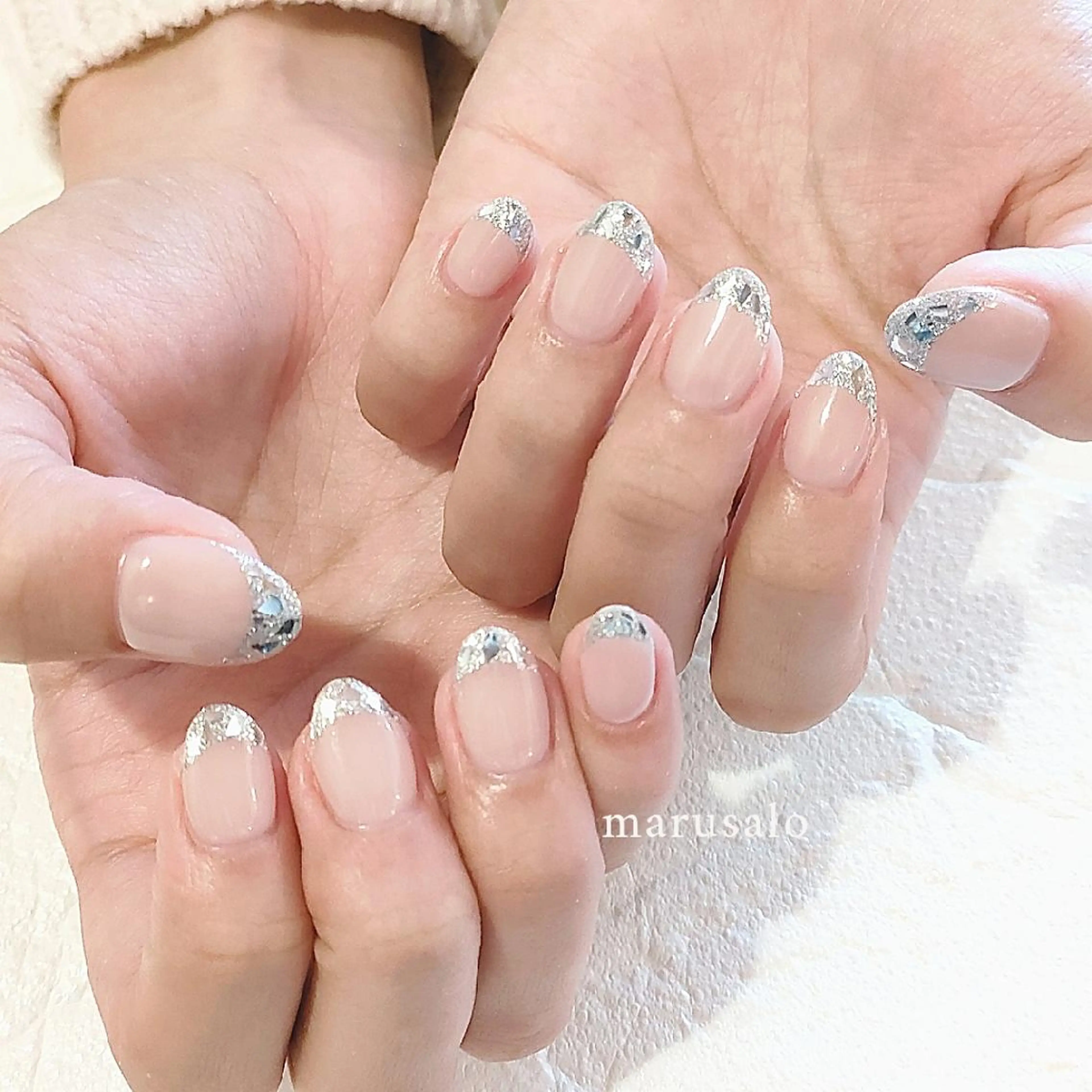 ネイル フレンチネイル ガラスフレンチ キラキラネイル 冬ネイル ハンドネイル marusalo nailのネイルデザイン