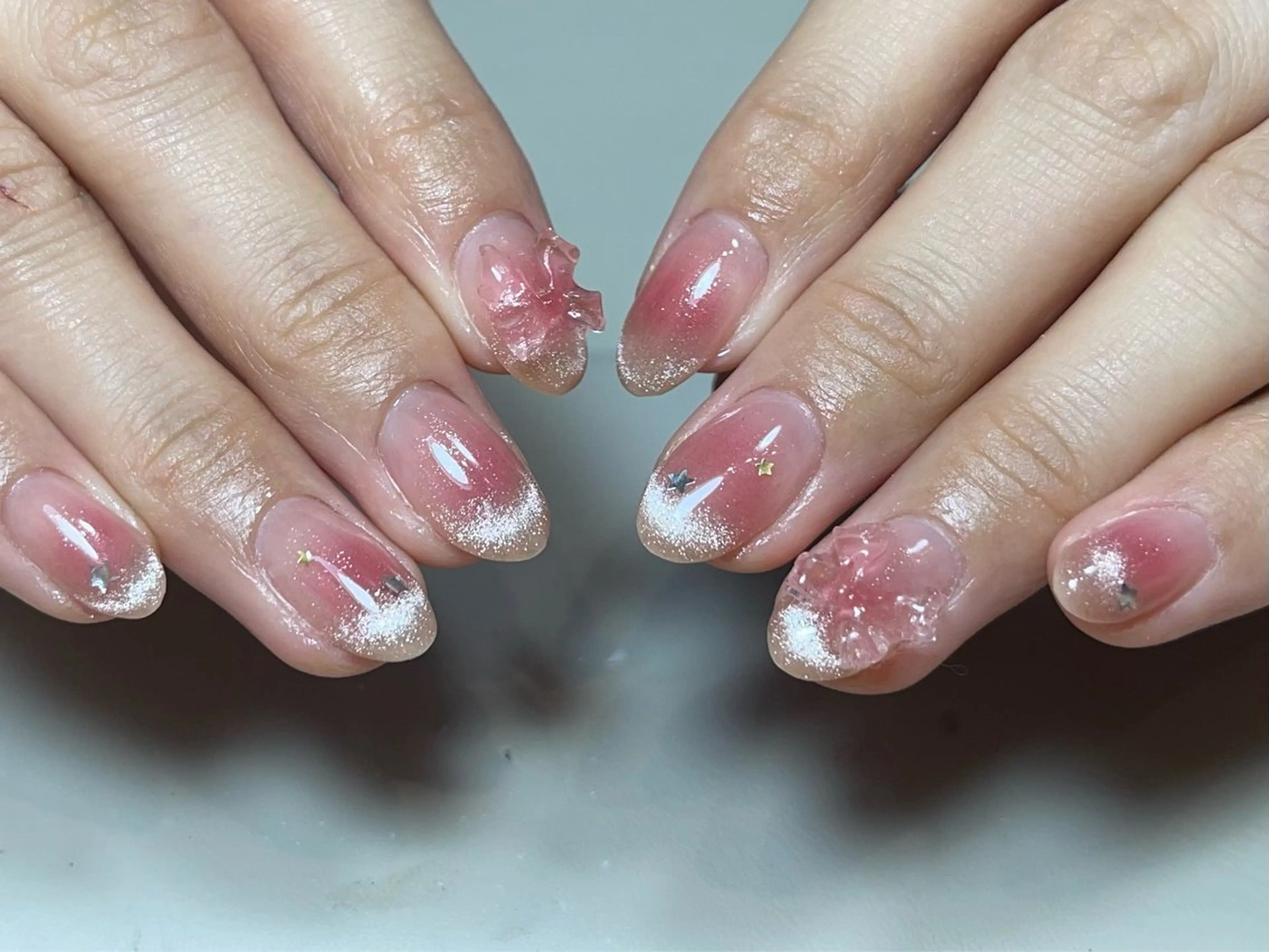 ネイル フレンチネイル ガーリー ガラスフレンチ 韓国ネイル ロングネイル ハンドネイル Venus nail チップ長さだし専門店のネイルデザイン