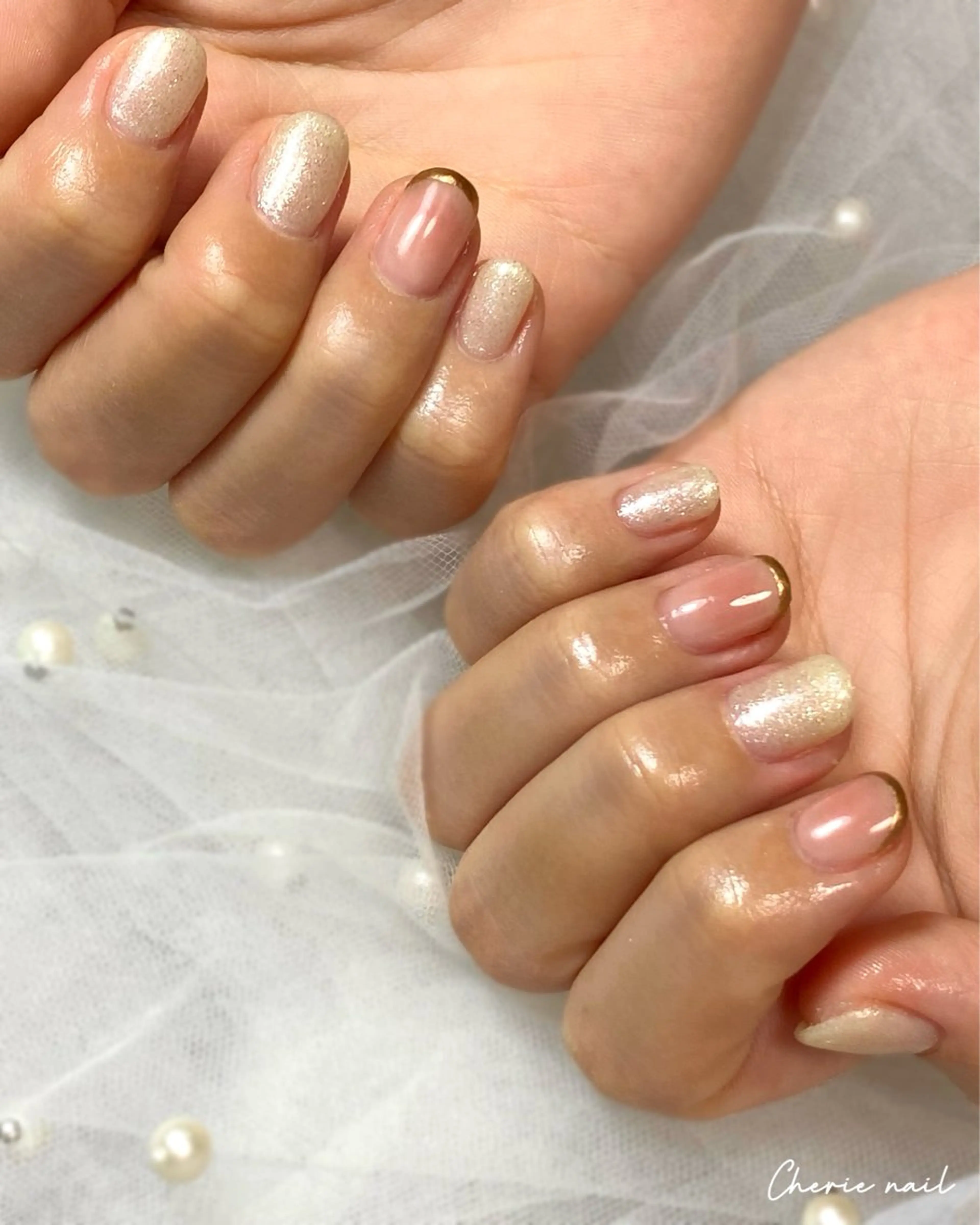 ネイル ジェルネイル ラメ(グリッター) ミラーネイル ニュアンスネイル ピンク ハンドネイル Cherienail yunaのネイルデザイン