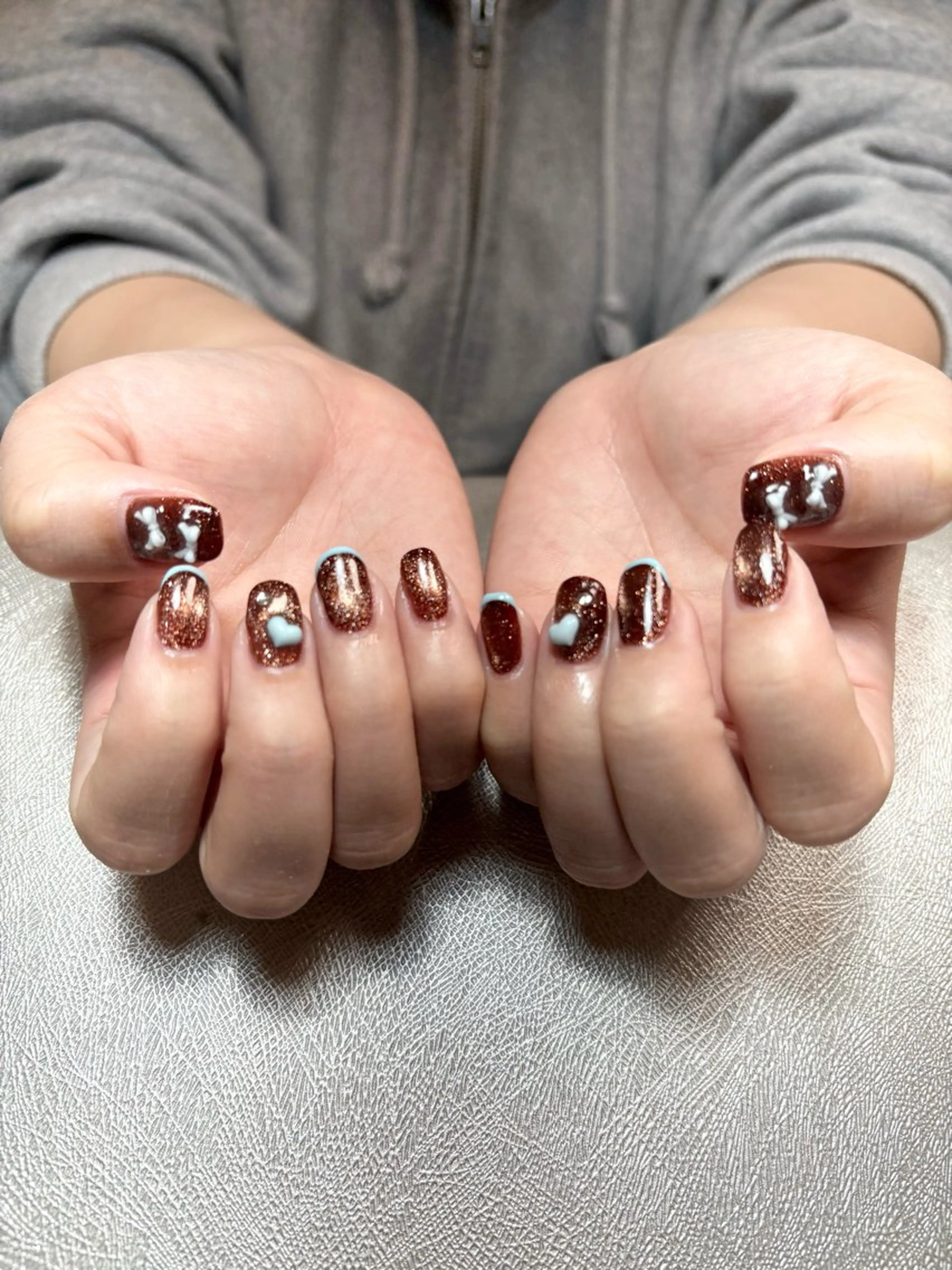 ネイル ブラウン フレンチネイル ハート 水色 リボン ハンドネイル ✨韓国✨nail salonLumieのネイルデザイン